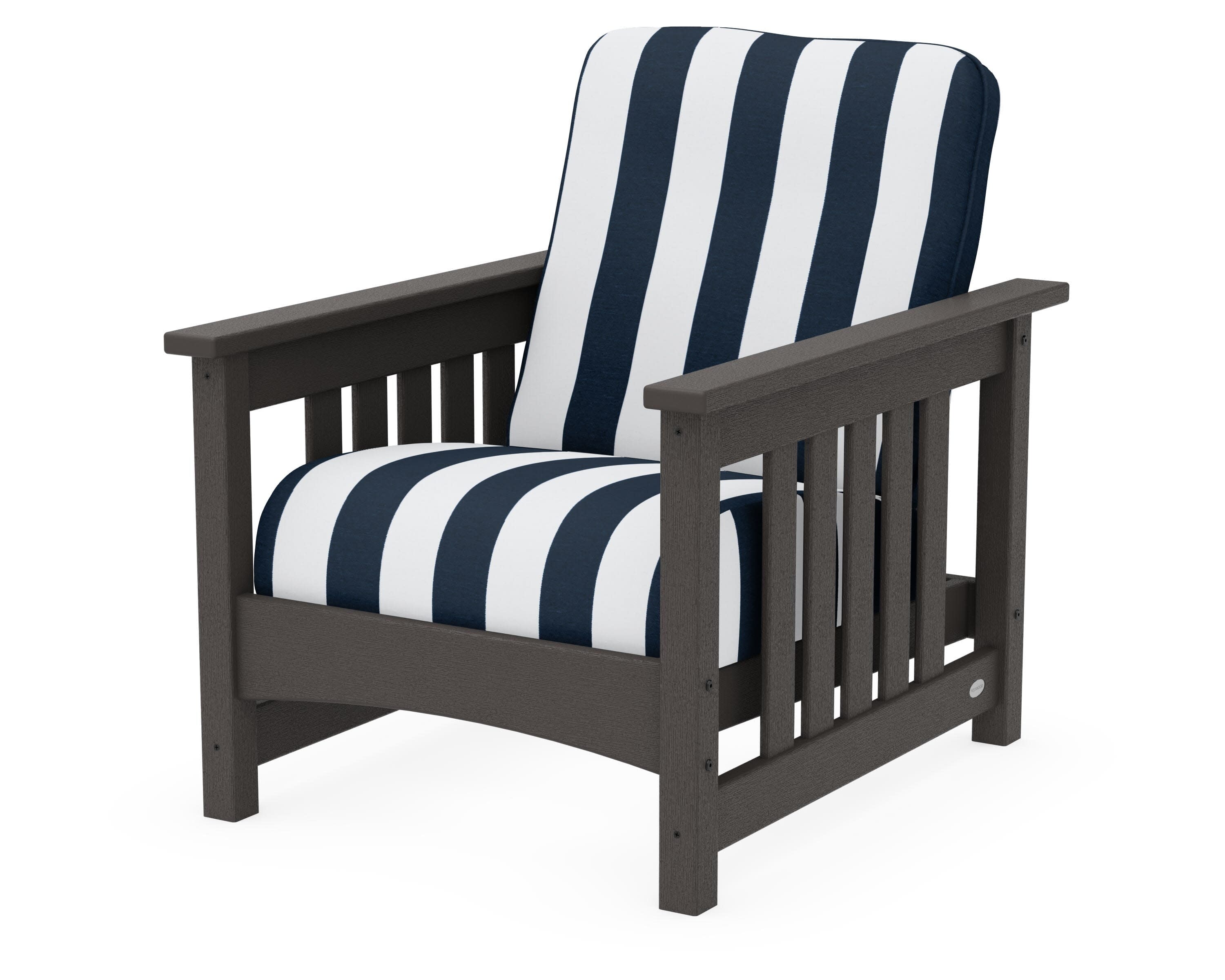 Club Mission Chair in Vintage Coffee / Cabana Stripe Marine Indigo
