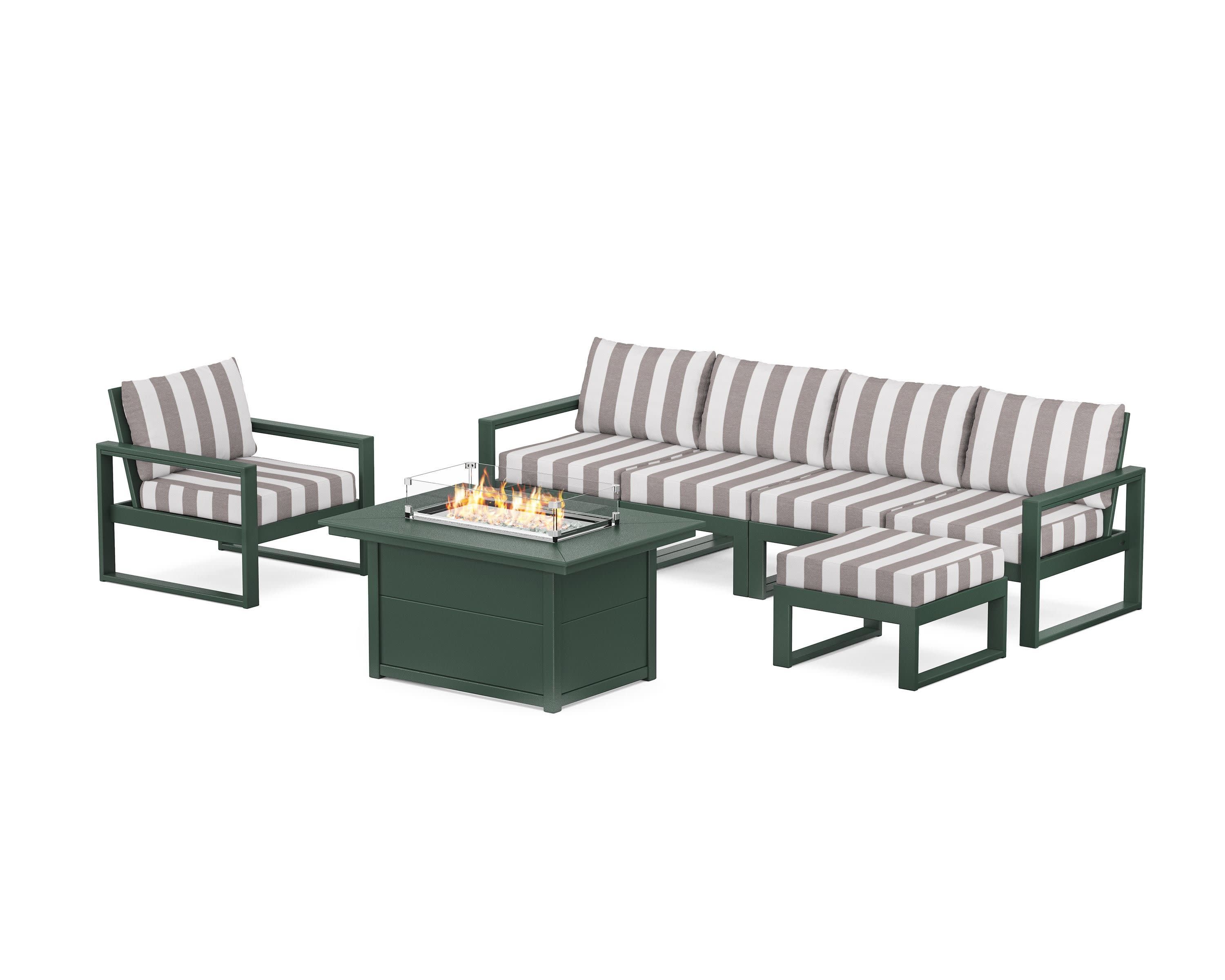 EDGE Sectional Lounge and Fire Pit Set in Green / Cabana Stripe Grey Mist