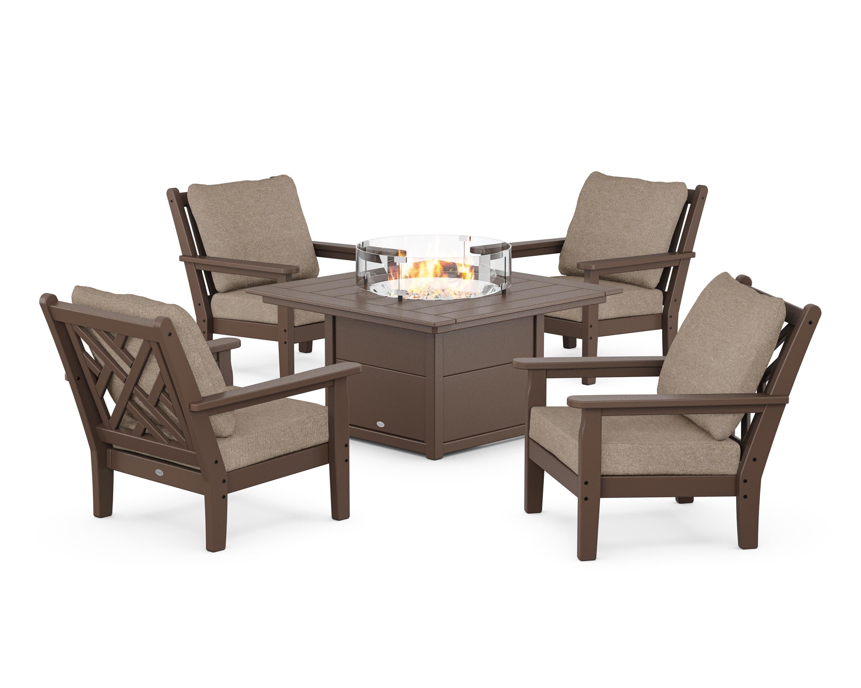 Chippendale 5-Piece Deep Seating Set with Fire Pit Table in Mahogany / Spiced Burlap