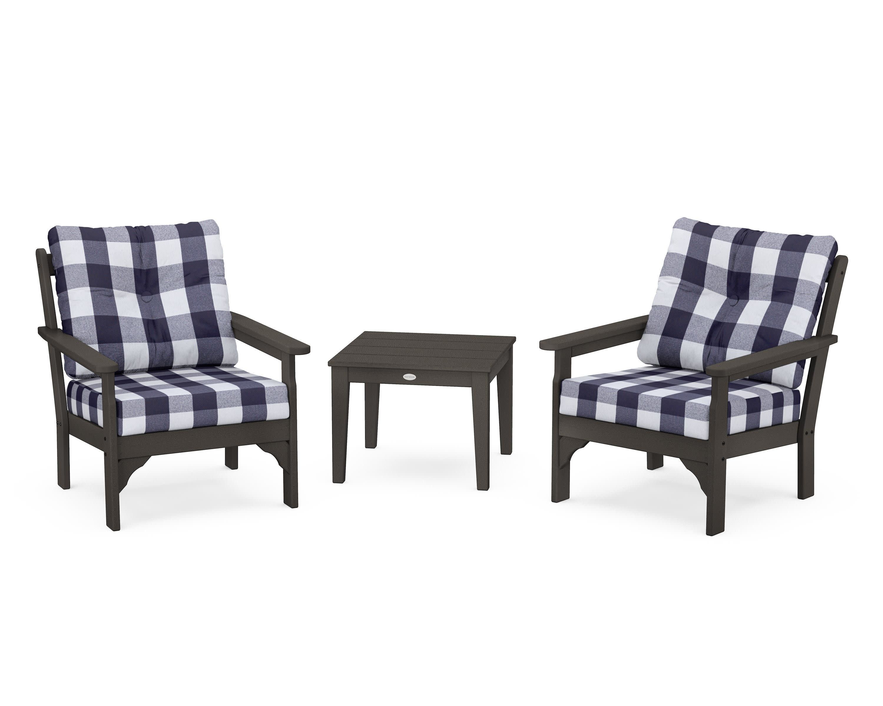 Vineyard 3-Piece Deep Seating Set in Vintage Coffee / Buffalo Plaid Navy