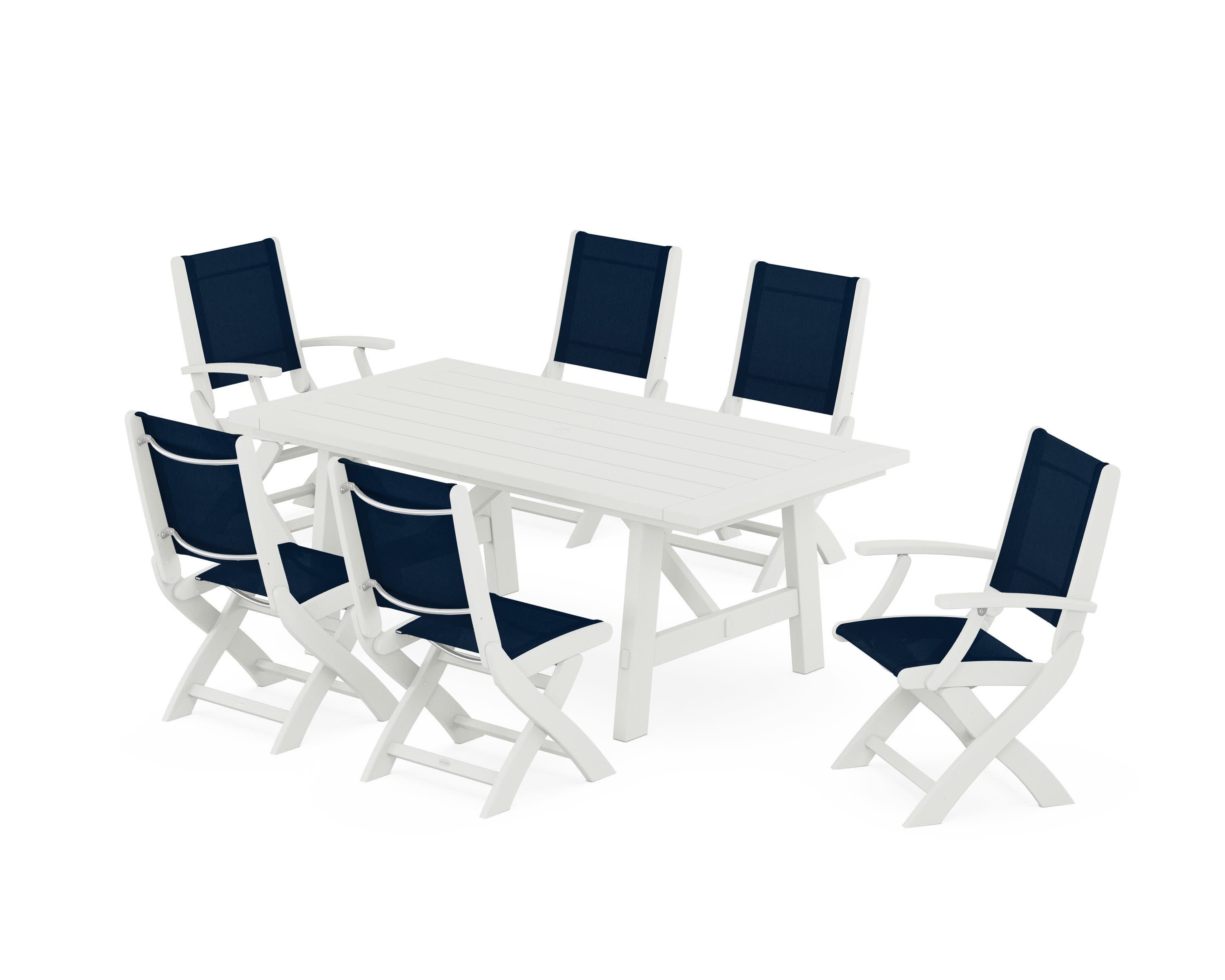 Coastal Folding Chair 7-Piece Rustic Farmhouse Dining Set in Vintage White / Navy Blue Sling
