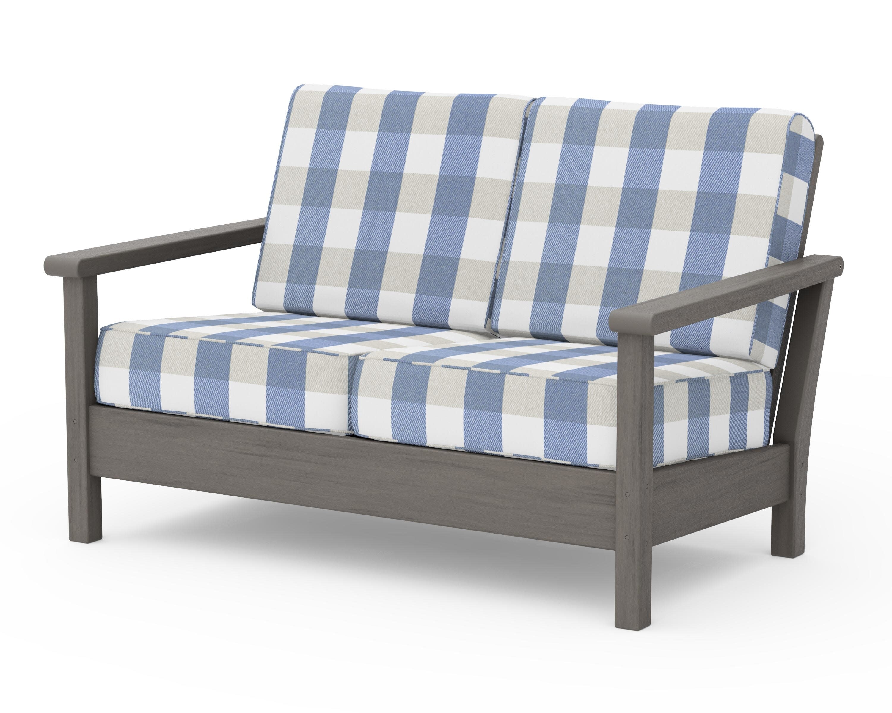 Harbour Deep Seating Loveseat in Driftwood / Buffalo Plaid Sky Blue