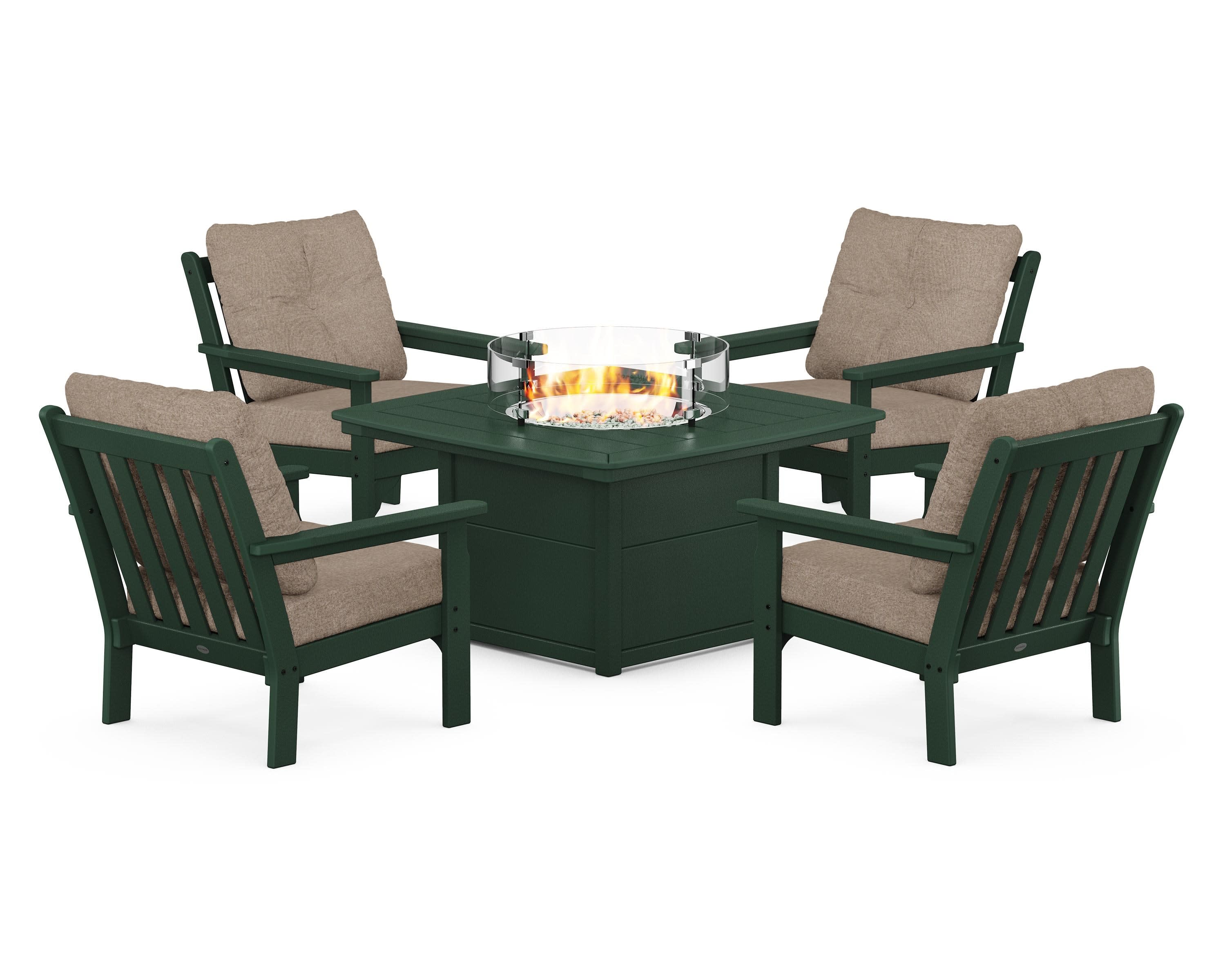 Vineyard 5-Piece Conversation Set with Fire Pit Table in Green / Spiced Burlap
