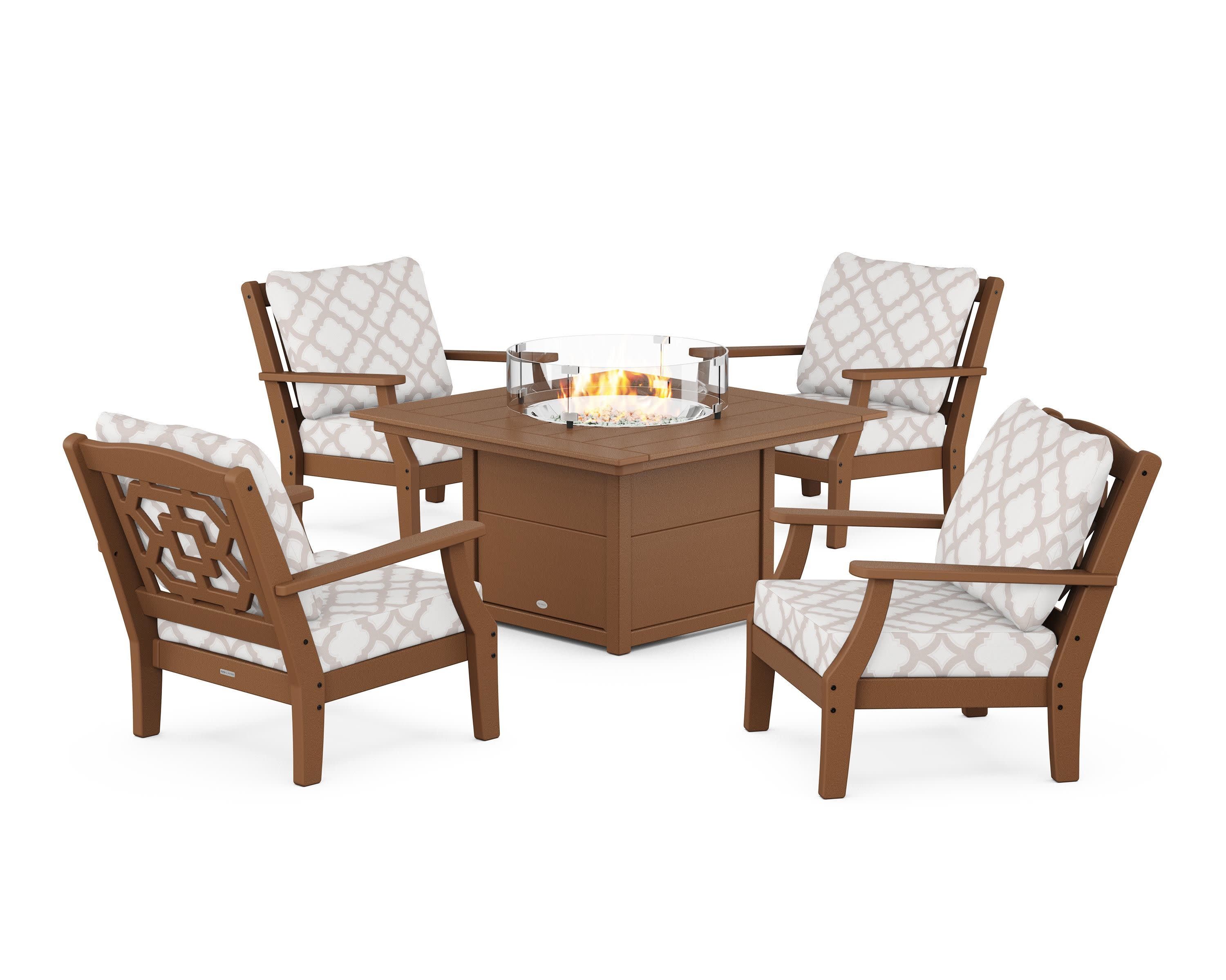Chinoiserie 5-Piece Deep Seating Set with Fire Pit Table in Teak / Trellis Dune Burlap
