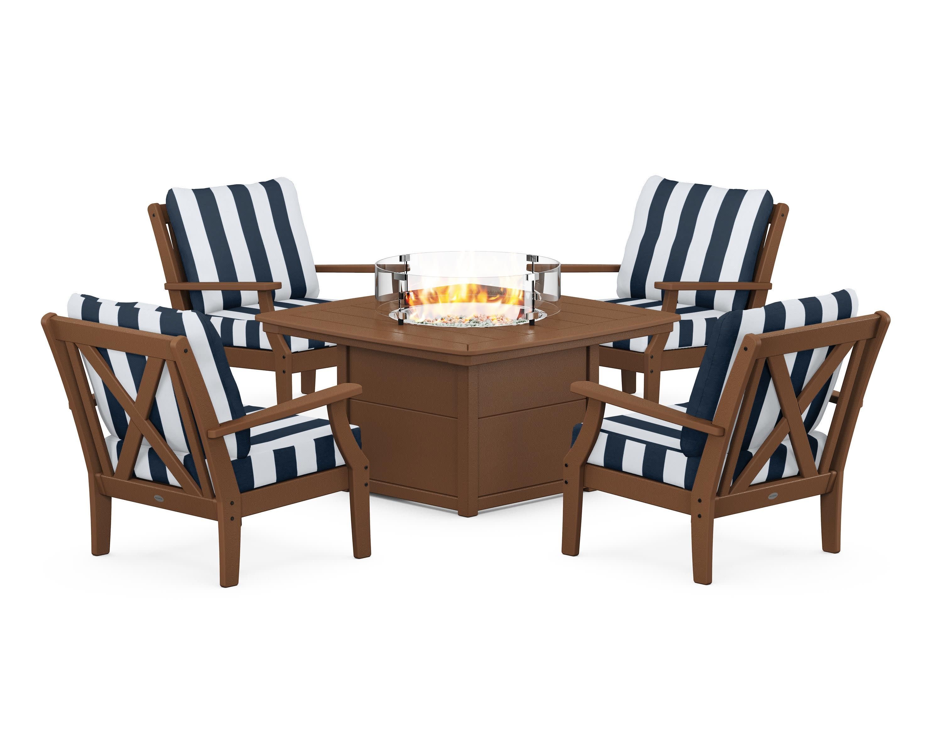 Braxton 5-Piece Deep Seating Conversation Set with Fire Pit Table in Teak / Cabana Stripe Marine Indigo