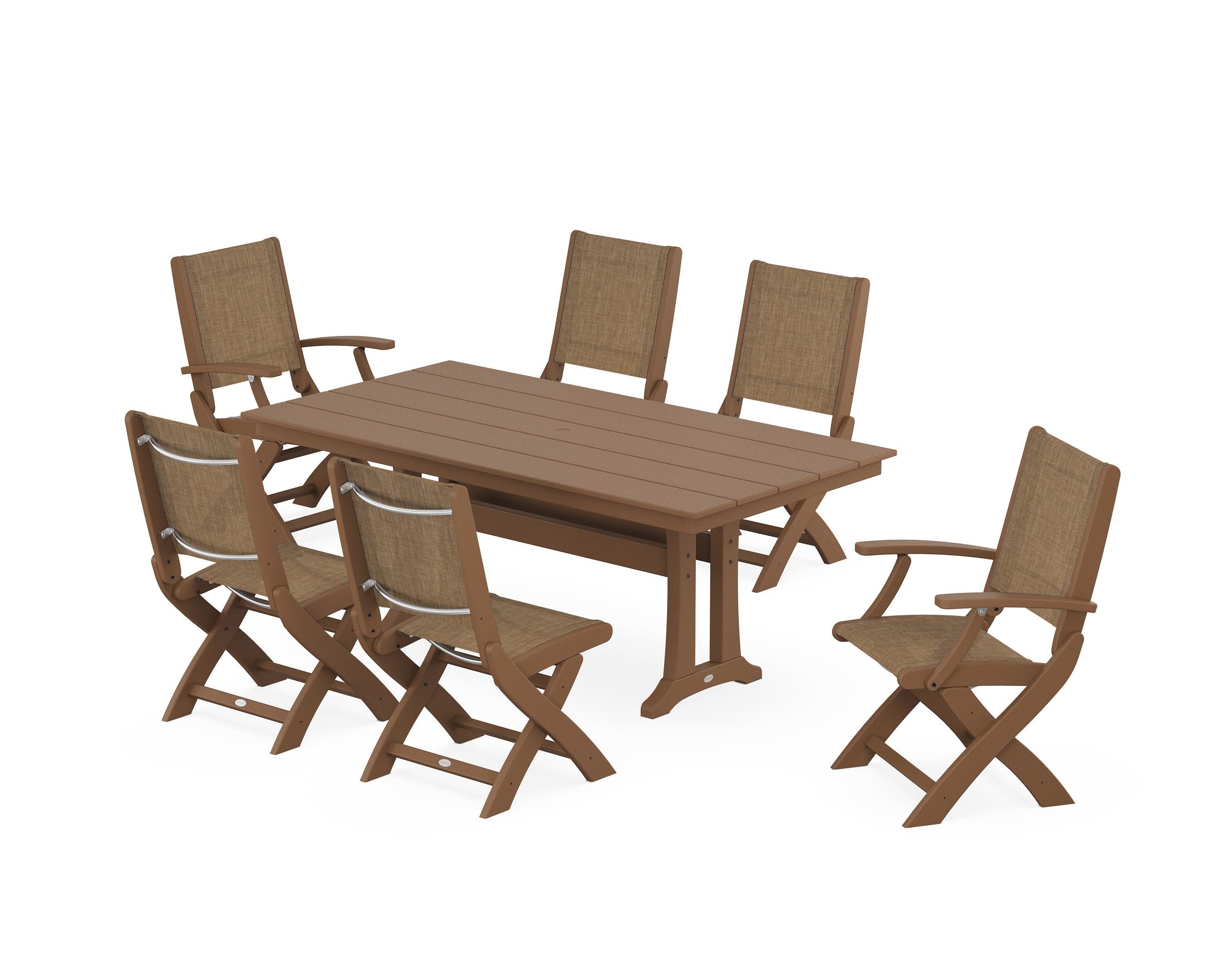 Coastal Folding Chair 7-Piece Farmhouse Dining Set with Trestle Legs in Teak / Burlap Sling