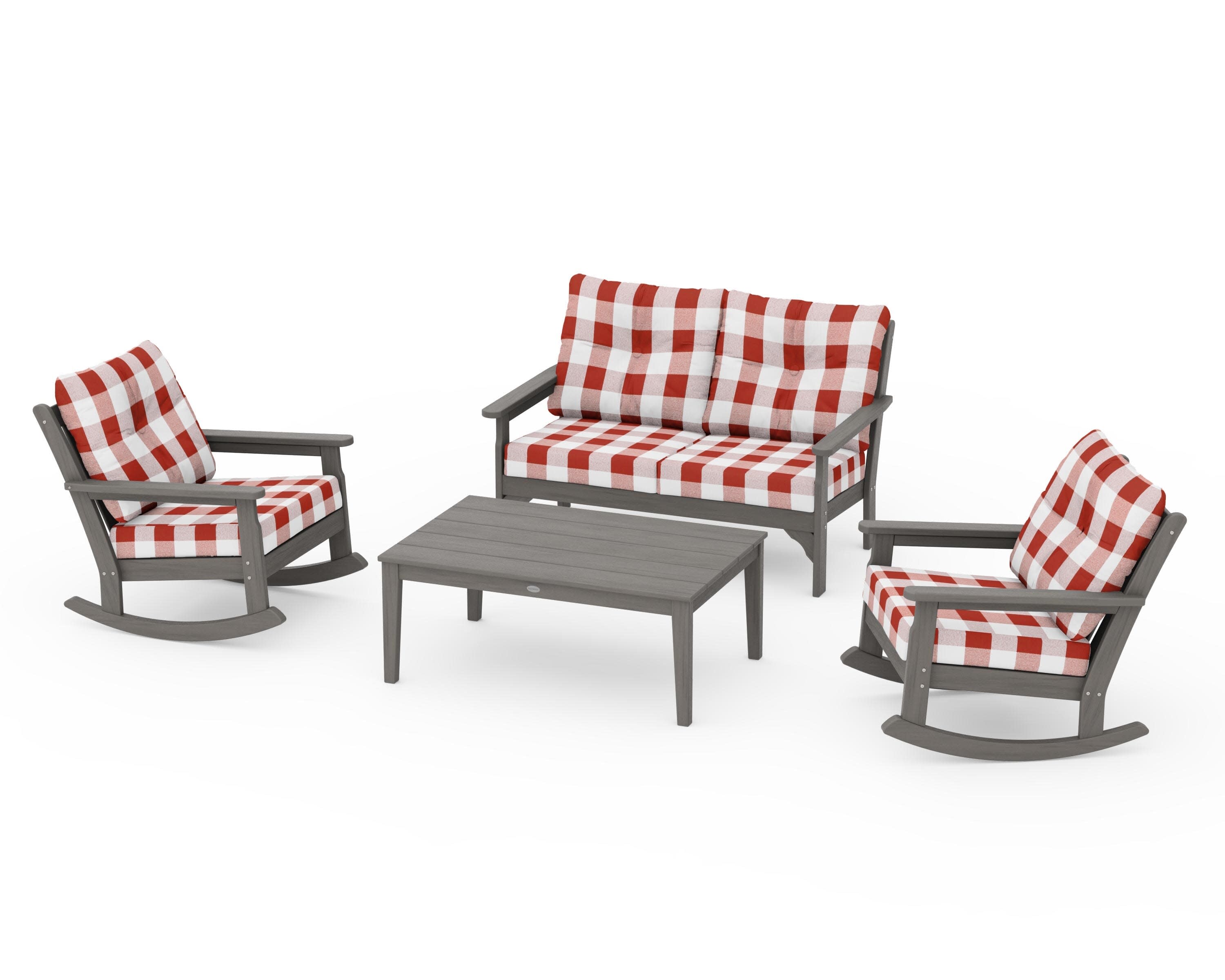 Vineyard 4-Piece Deep Seating Rocking Chair Set in Driftwood / Buffalo Plaid Crimson
