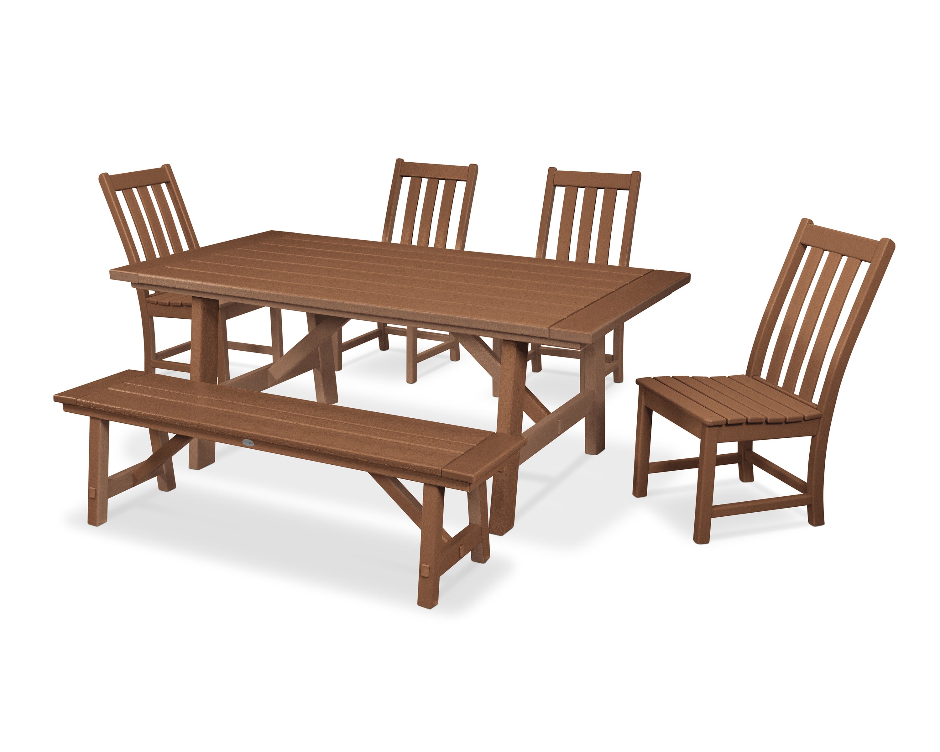 Vineyard 6-Piece Rustic Farmhouse Side Chair Dining Set with Bench in Teak