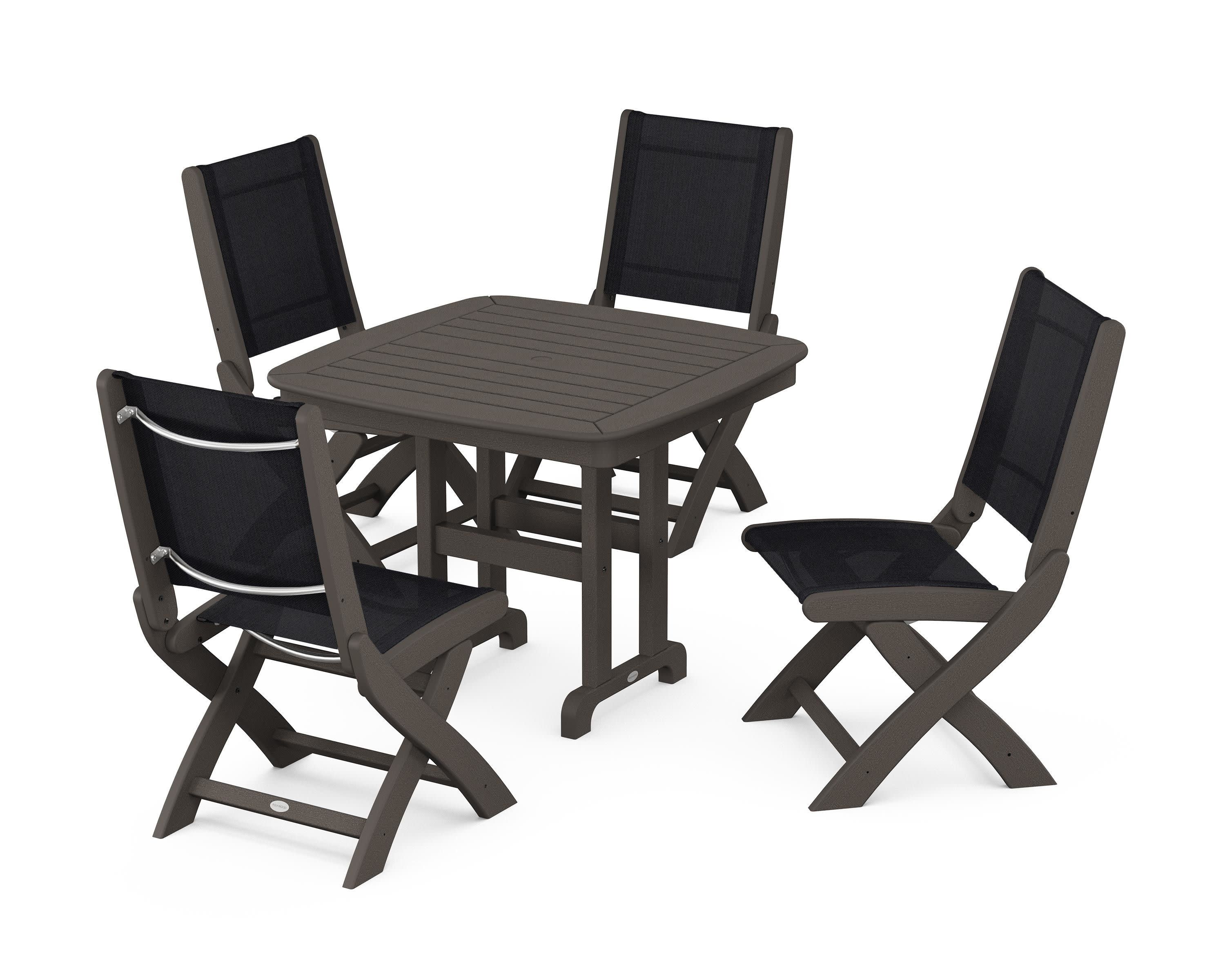 Coastal Folding Side Chair 5-Piece Dining Set in Vintage Coffee / Black Sling