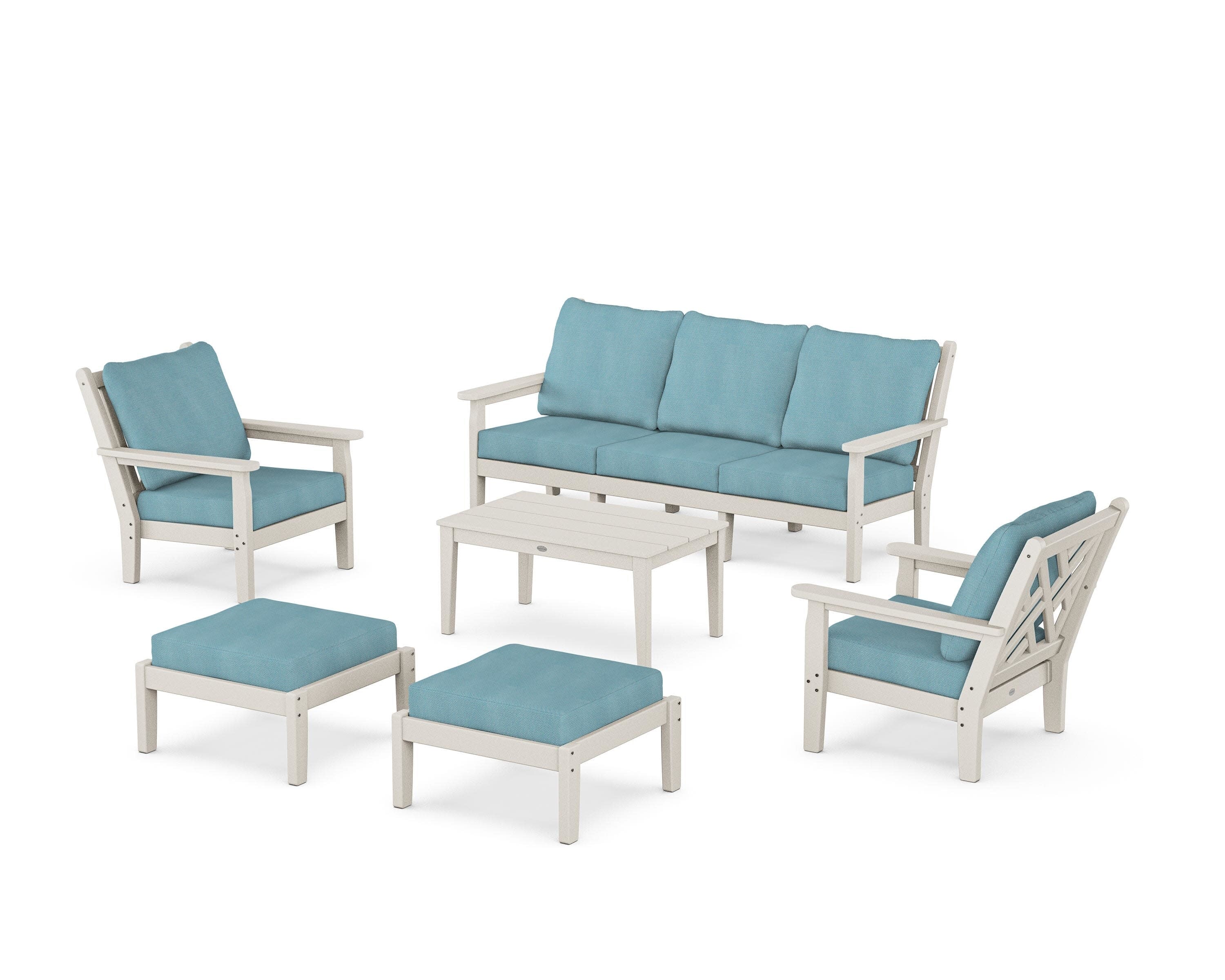 Chippendale 6-Piece Lounge Sofa Set in Sand / Lattice Sky Blue