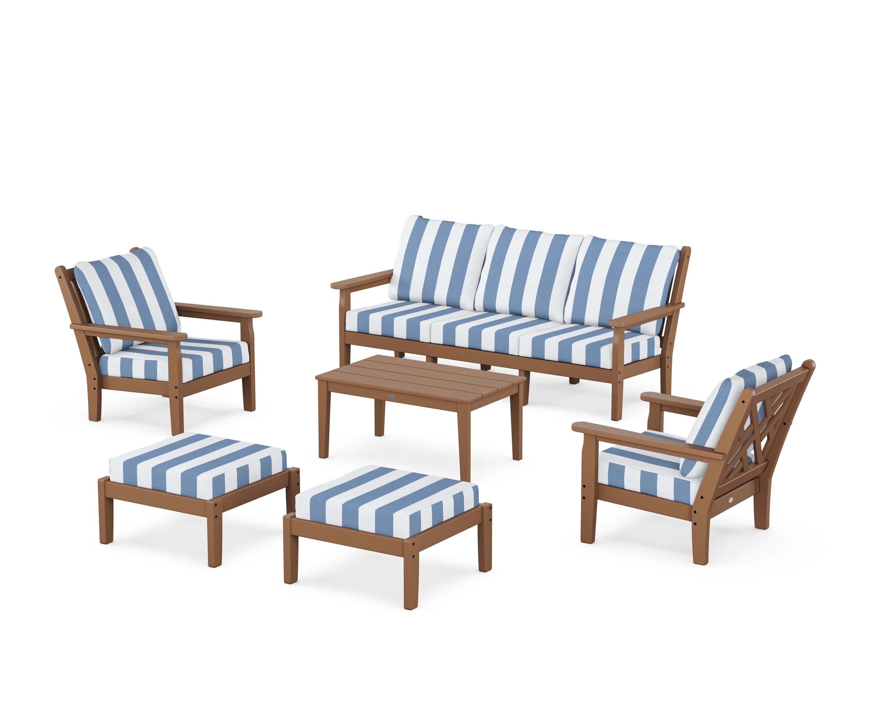 Chippendale 6-Piece Lounge Sofa Set in Teak / Cabana Stripe Sky Blue