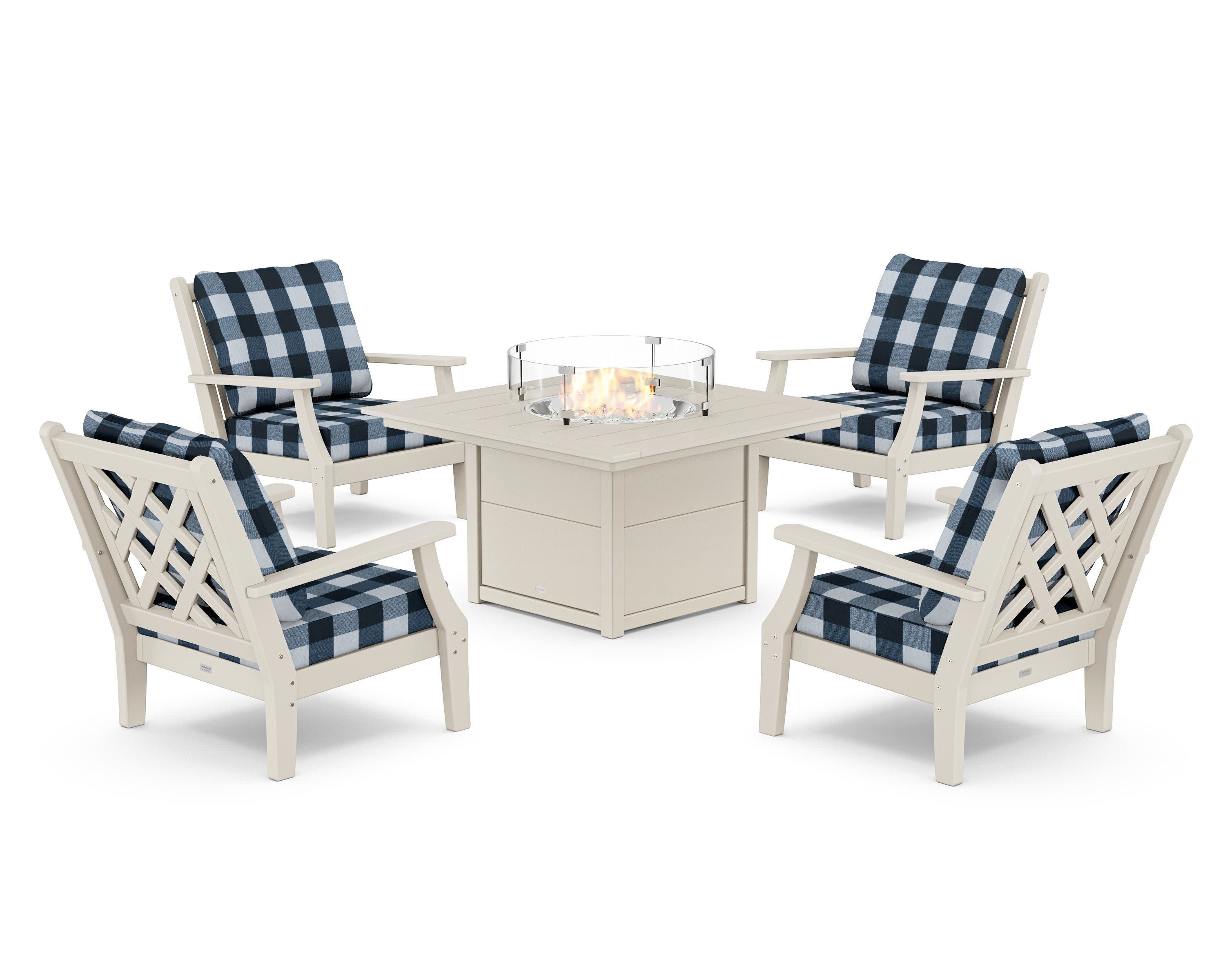 Wovendale 5-Piece Deep Seating Set with Fire Pit Table in Sand / Buffalo Plaid Marine Indigo