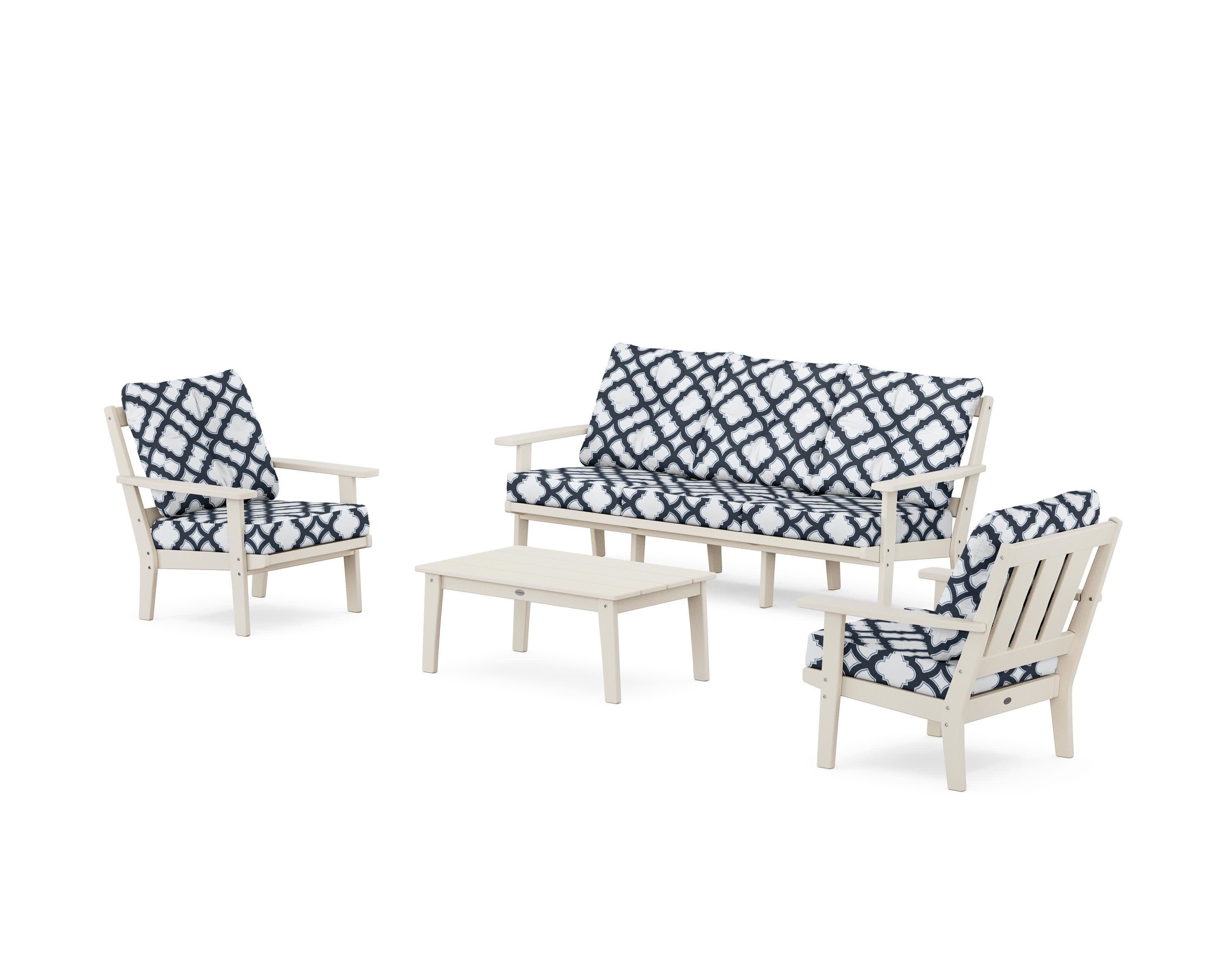 Oxford 4-Piece Deep Seating Set with Sofa in Sand / Trellis Marine Indigo