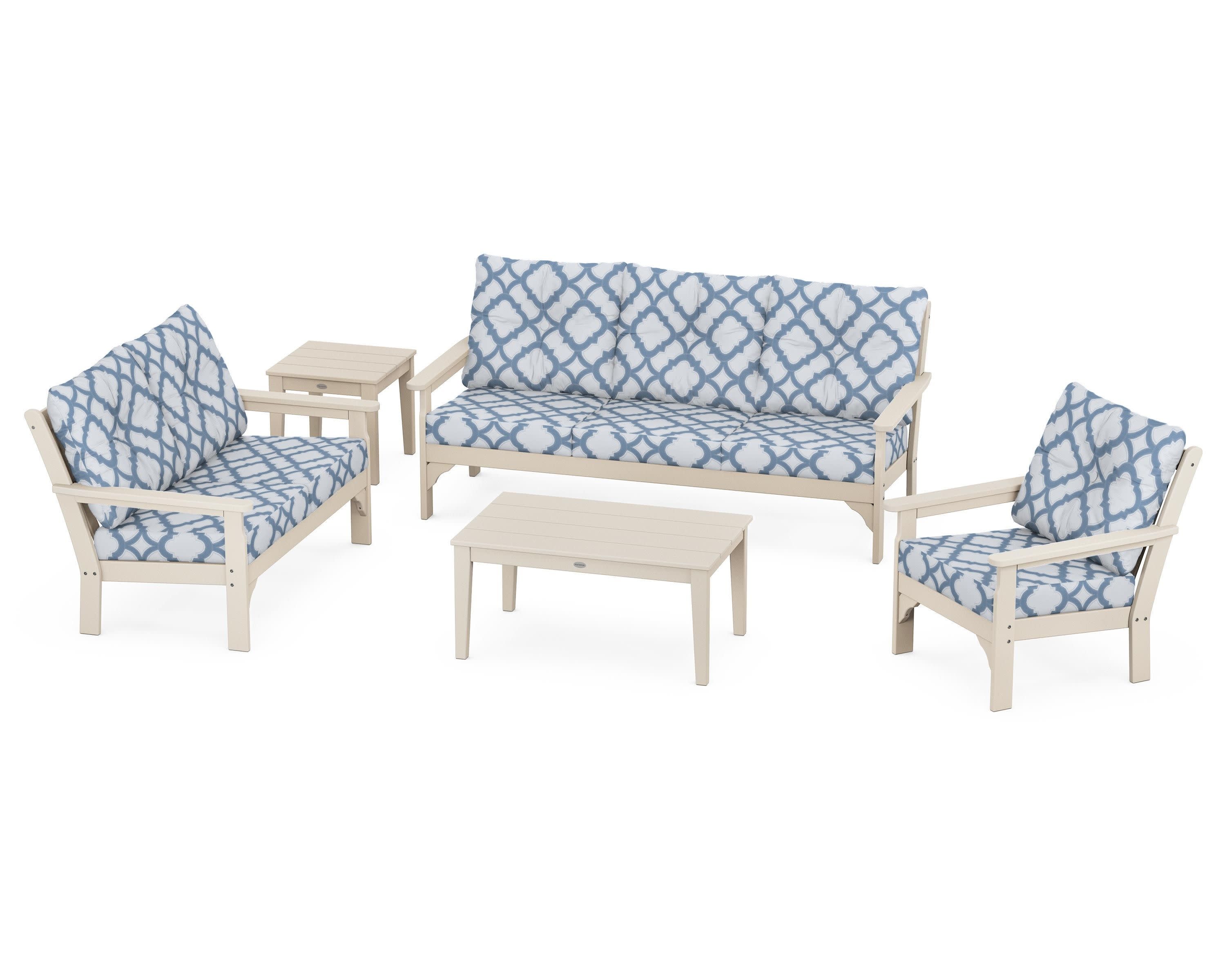 Vineyard 5 Piece Deep Seating Set in Sand / Trellis Sky Blue
