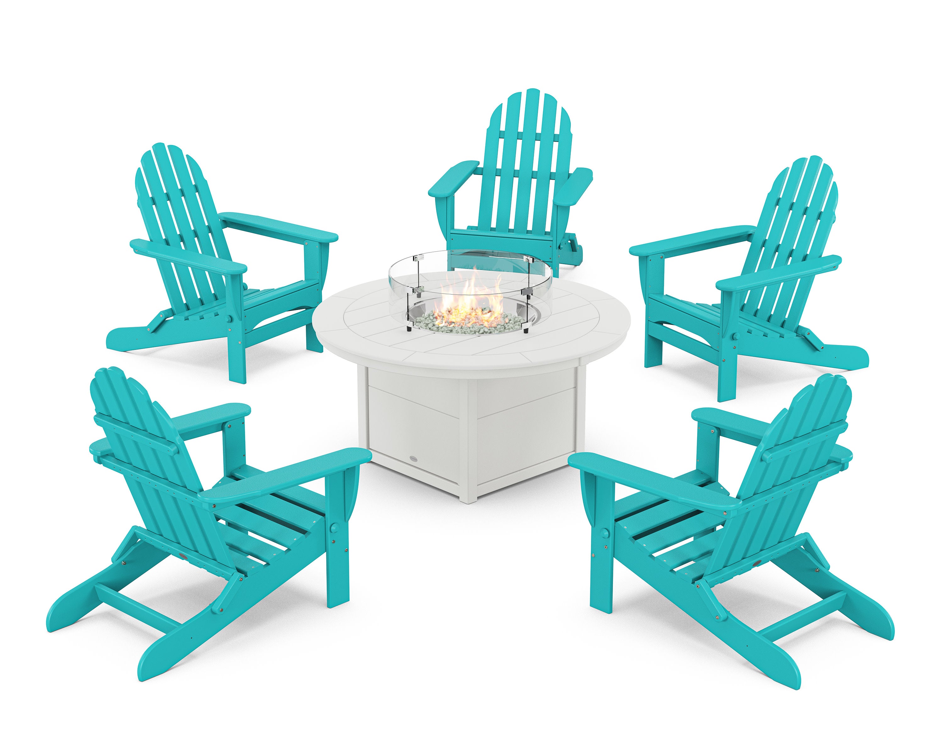 Classic Folding Adirondack 6-Piece Conversation Set with Fire Pit Table in Aruba / White