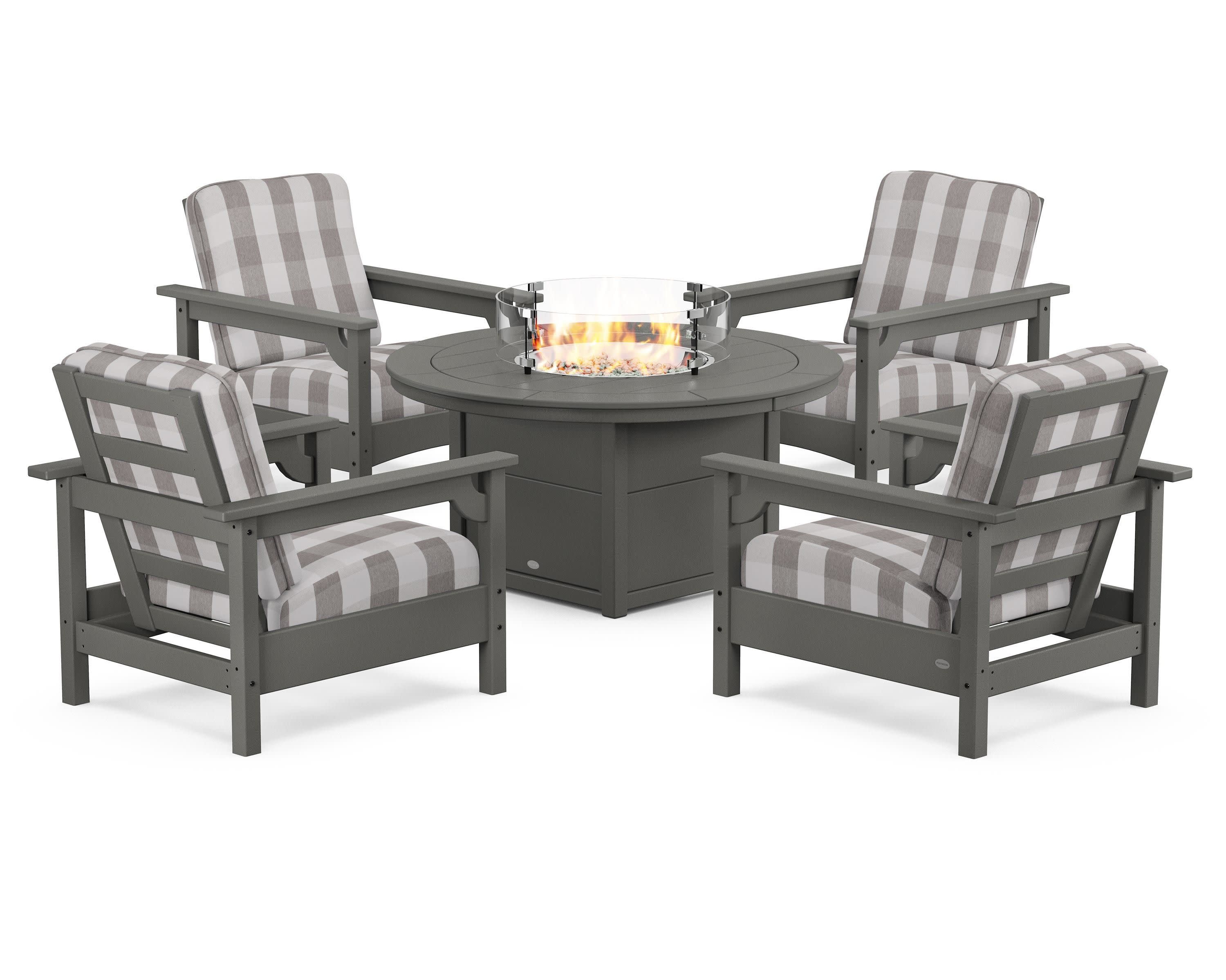 Club 5-Piece Conversation Set with Fire Pit Table in Slate Grey / Buffalo Plaid Grey Mist