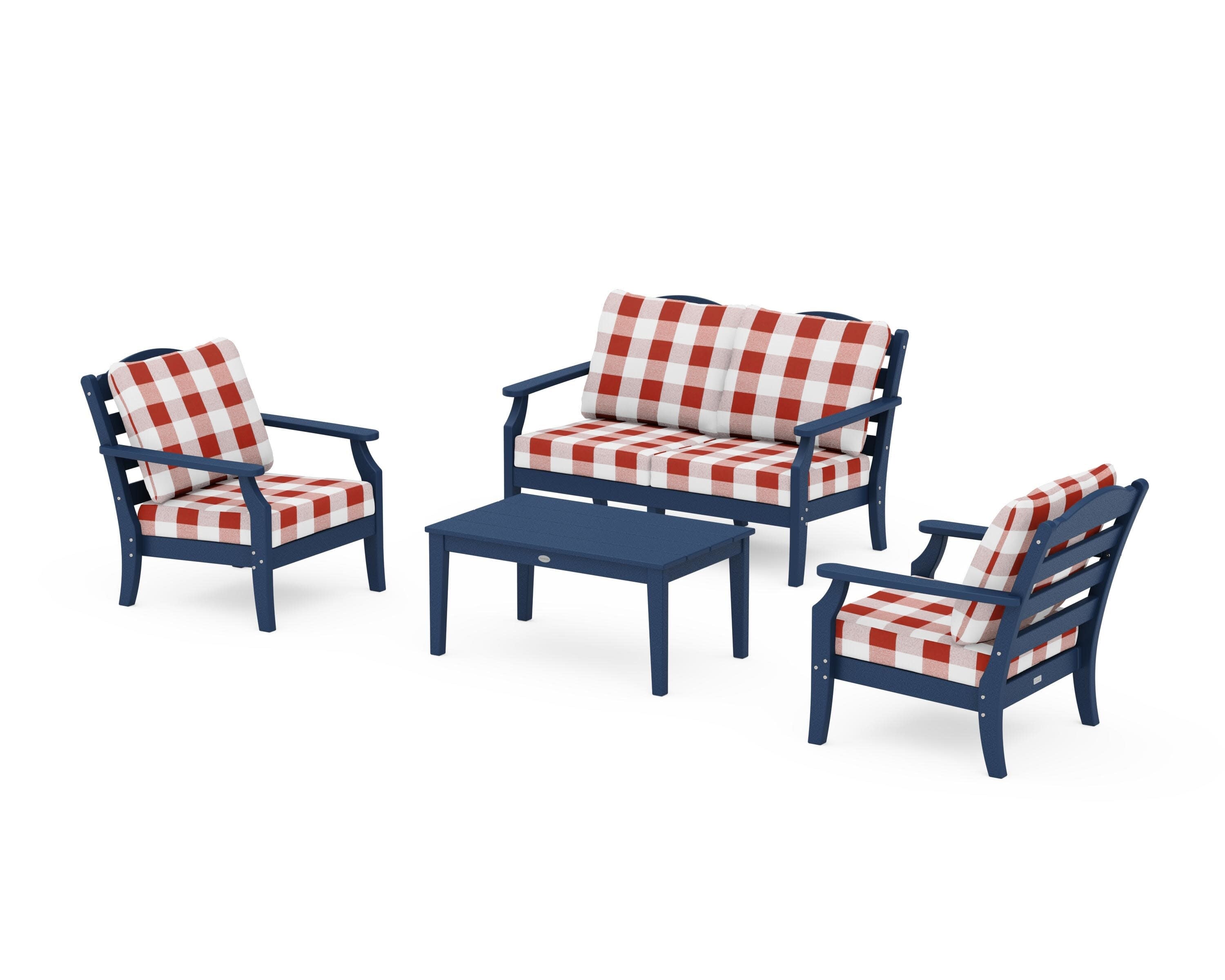 Savannah 4-Piece Deep Seating Set with Loveseat in Navy / Buffalo Plaid Crimson