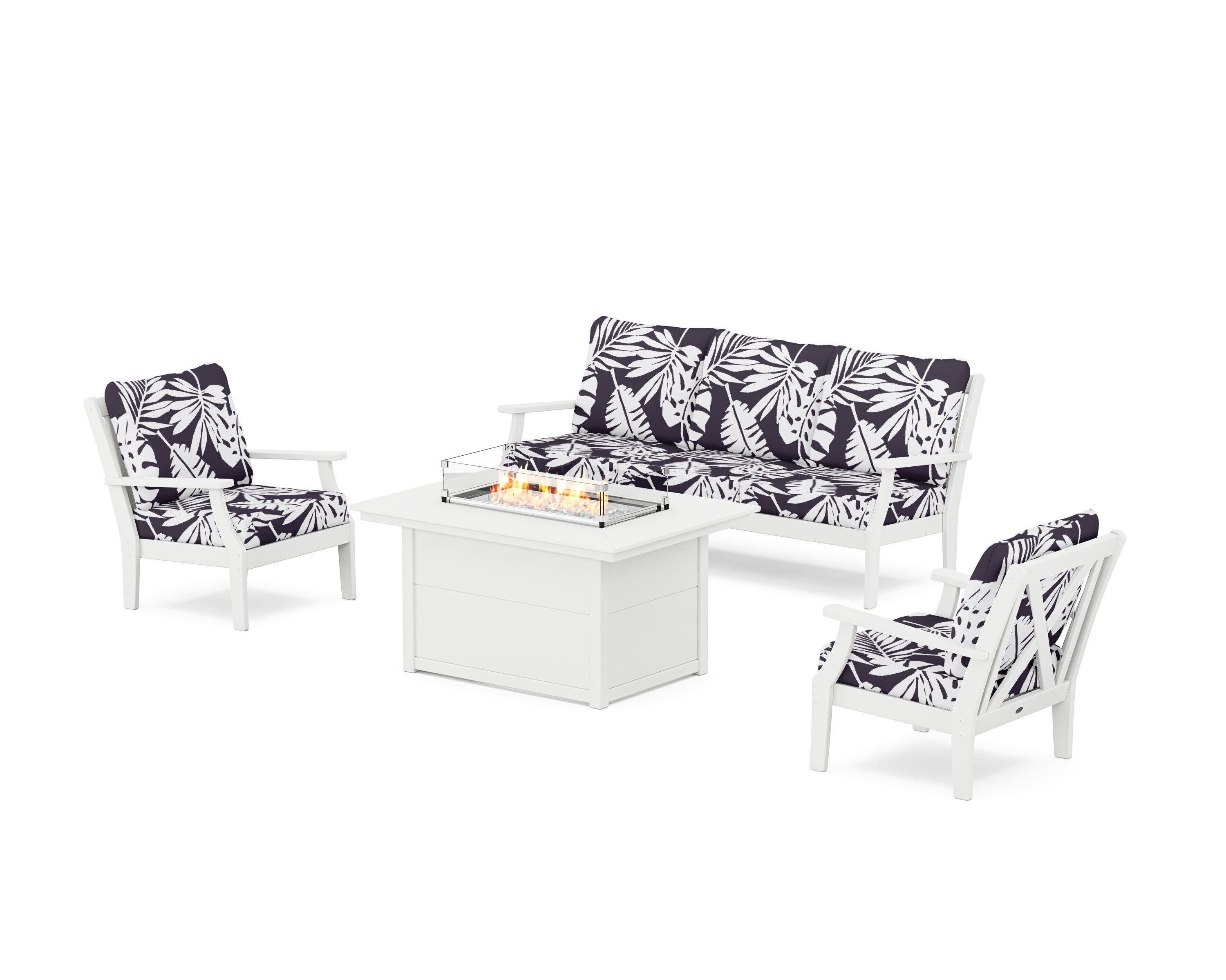 Braxton Deep Seating Fire Pit Table Set in White / Leaf Navy