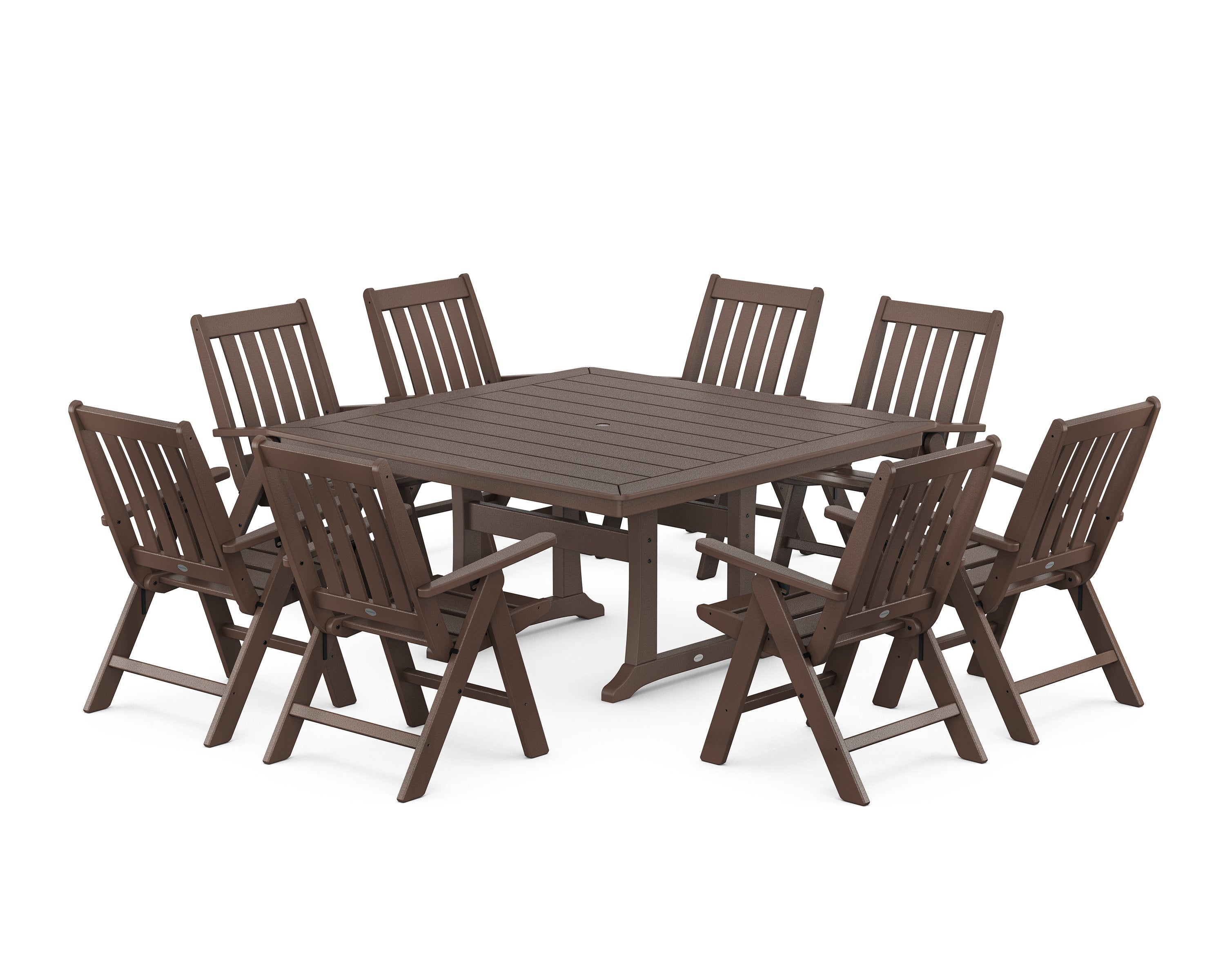 Vineyard Folding Chair 9-Piece Square Dining Set with Trestle Legs in Mahogany