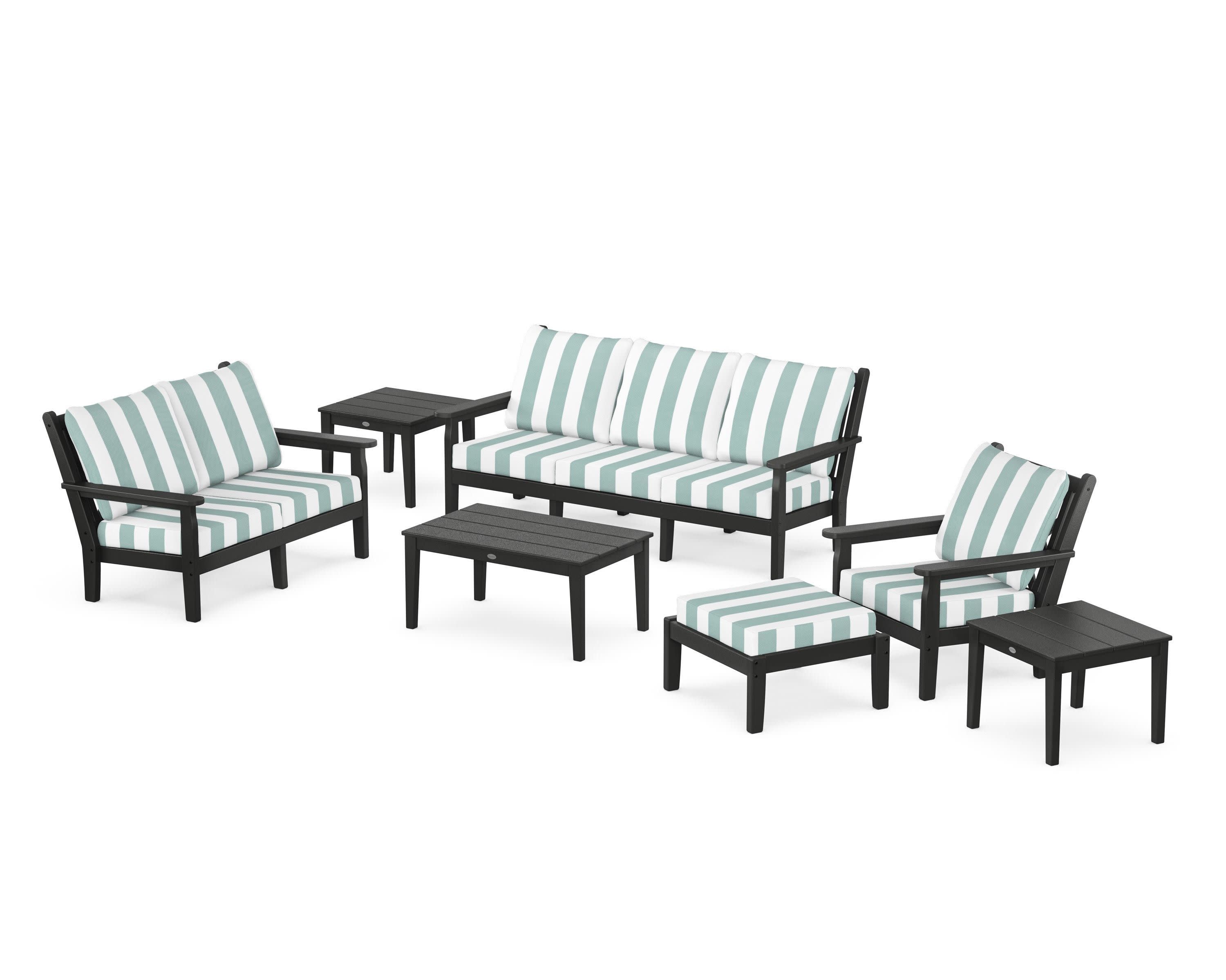 Chippendale 7-Piece Deep Seating Set in Black / Cabana Stripe Glacier Spa
