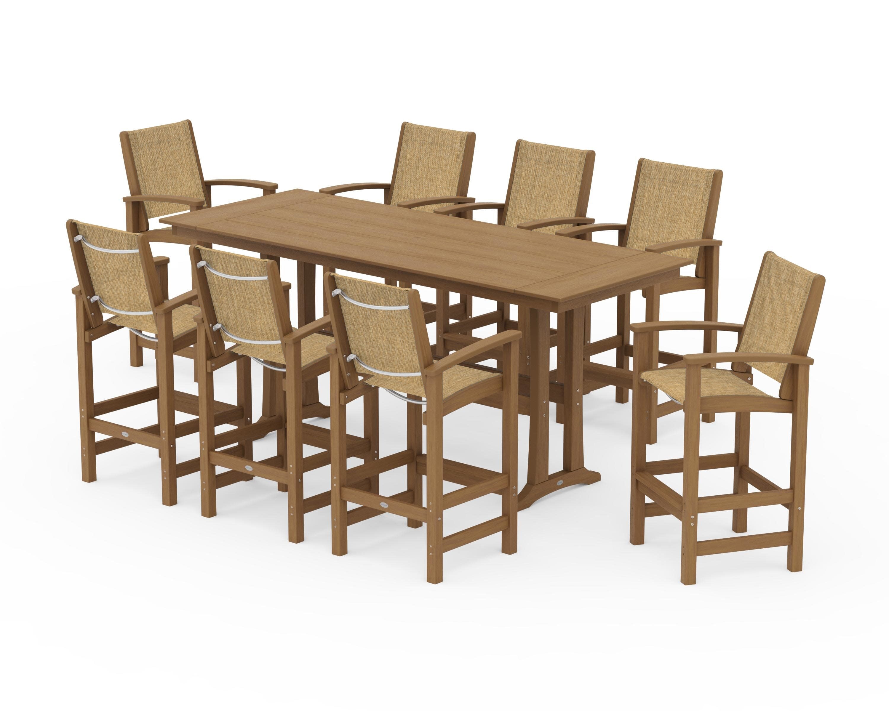 Coastal 9-Piece Farmhouse Bar Set with Trestle Legs in Natural / Burlap Sling