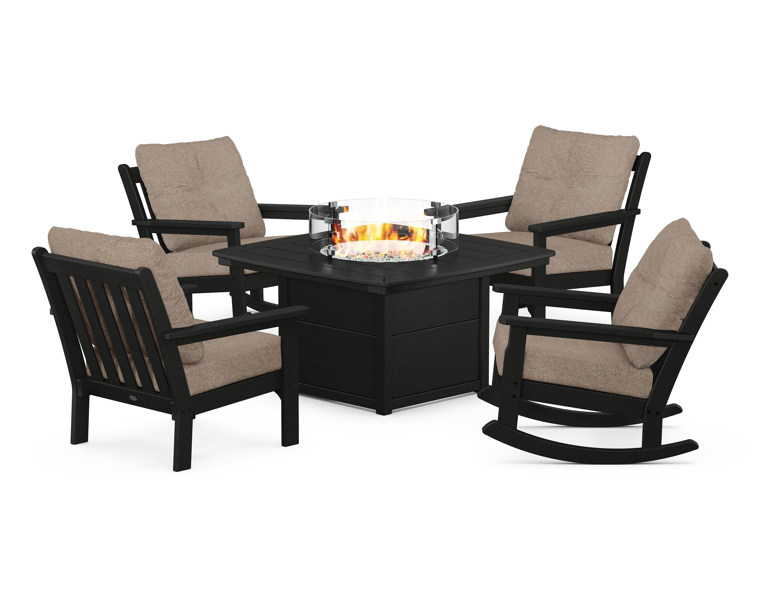 Vineyard 5-Piece Deep Seating Rocking Chair Conversation Set with Fire Pit Table in Black / Spiced Burlap