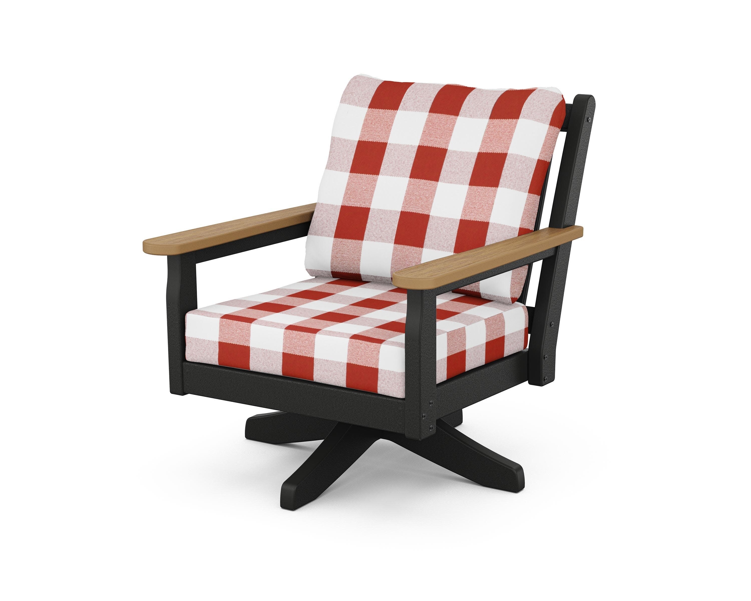 Chippendale Deep Seating Swivel Chair in Black / Natural / Buffalo Plaid Crimson