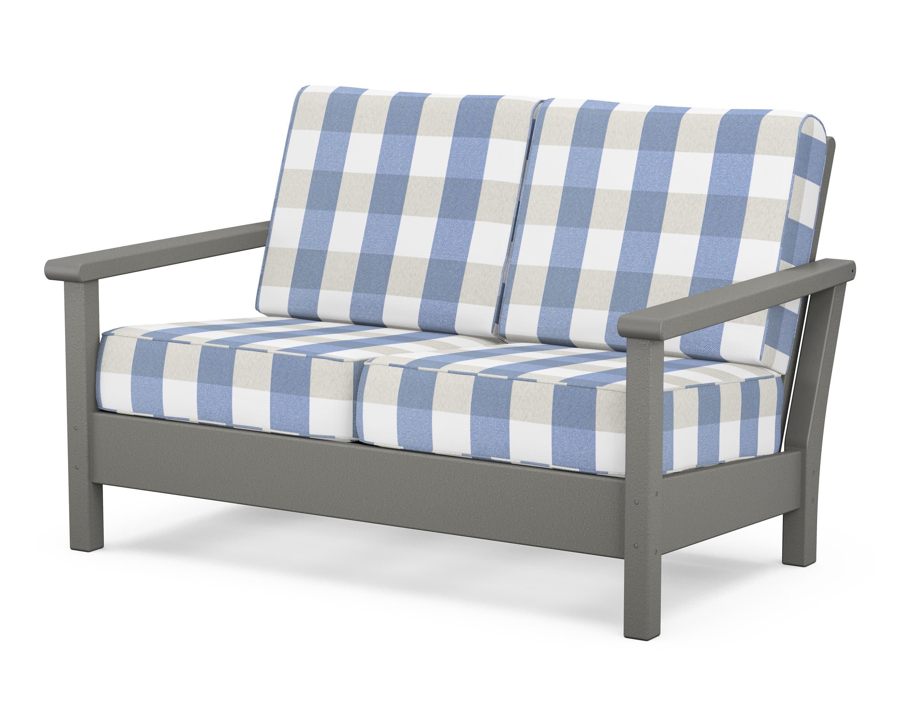 Harbour Deep Seating Loveseat in Slate Grey / Buffalo Plaid Sky Blue