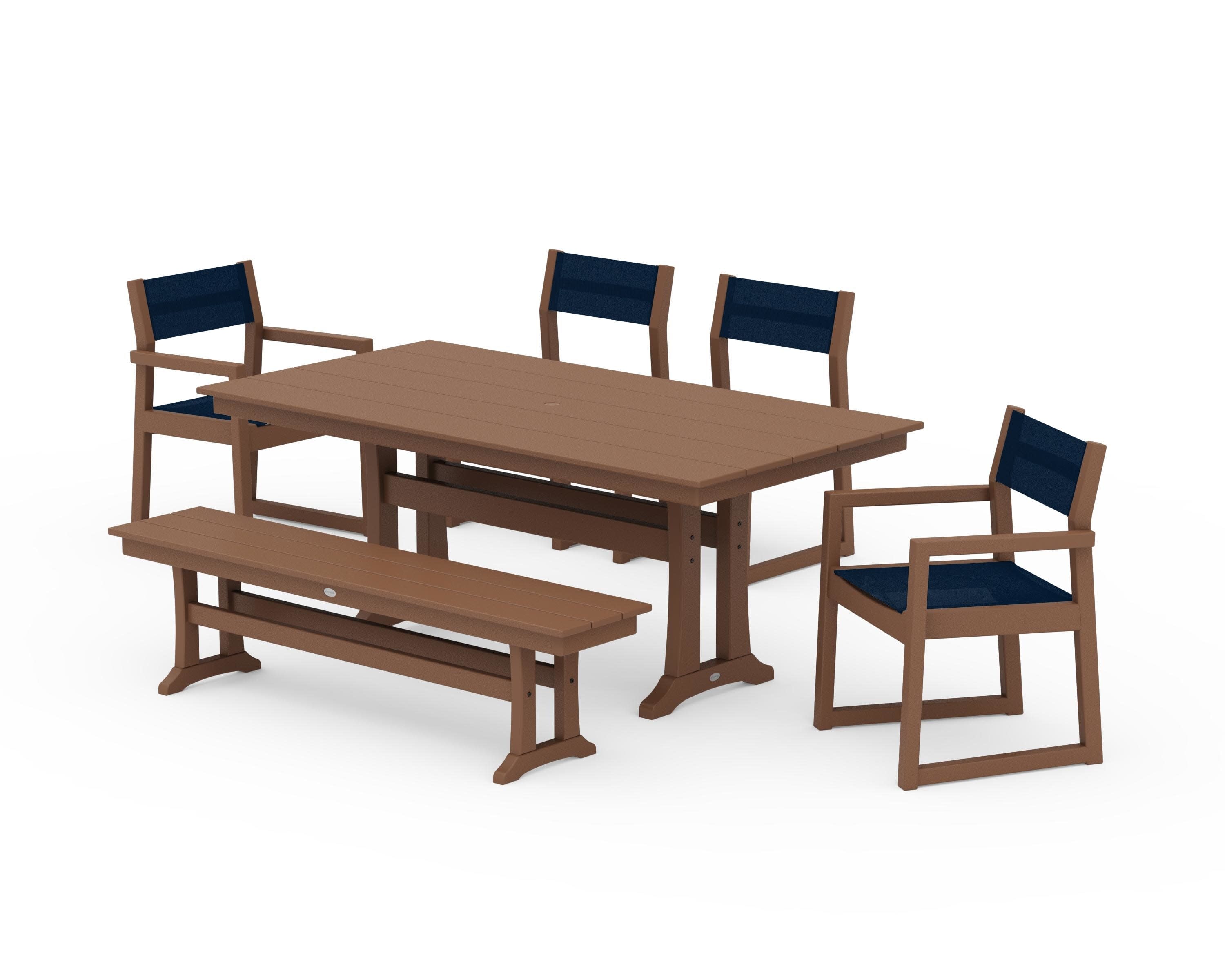EDGE Sling 6-Piece Farmhouse Dining Set With Trestle Legs in Teak / Navy Blue Sling