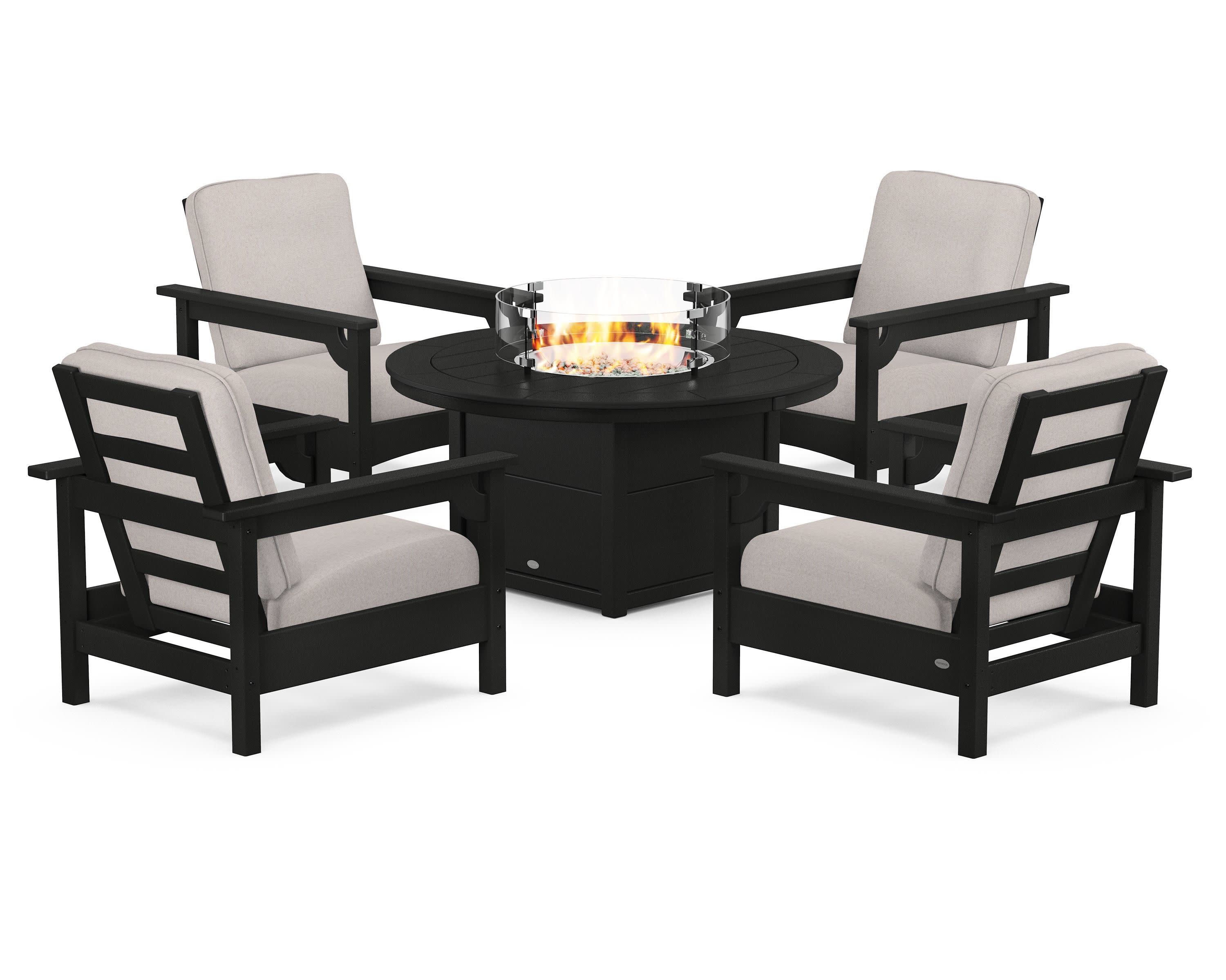 Club 5-Piece Conversation Set with Fire Pit Table in Black / Dune Burlap