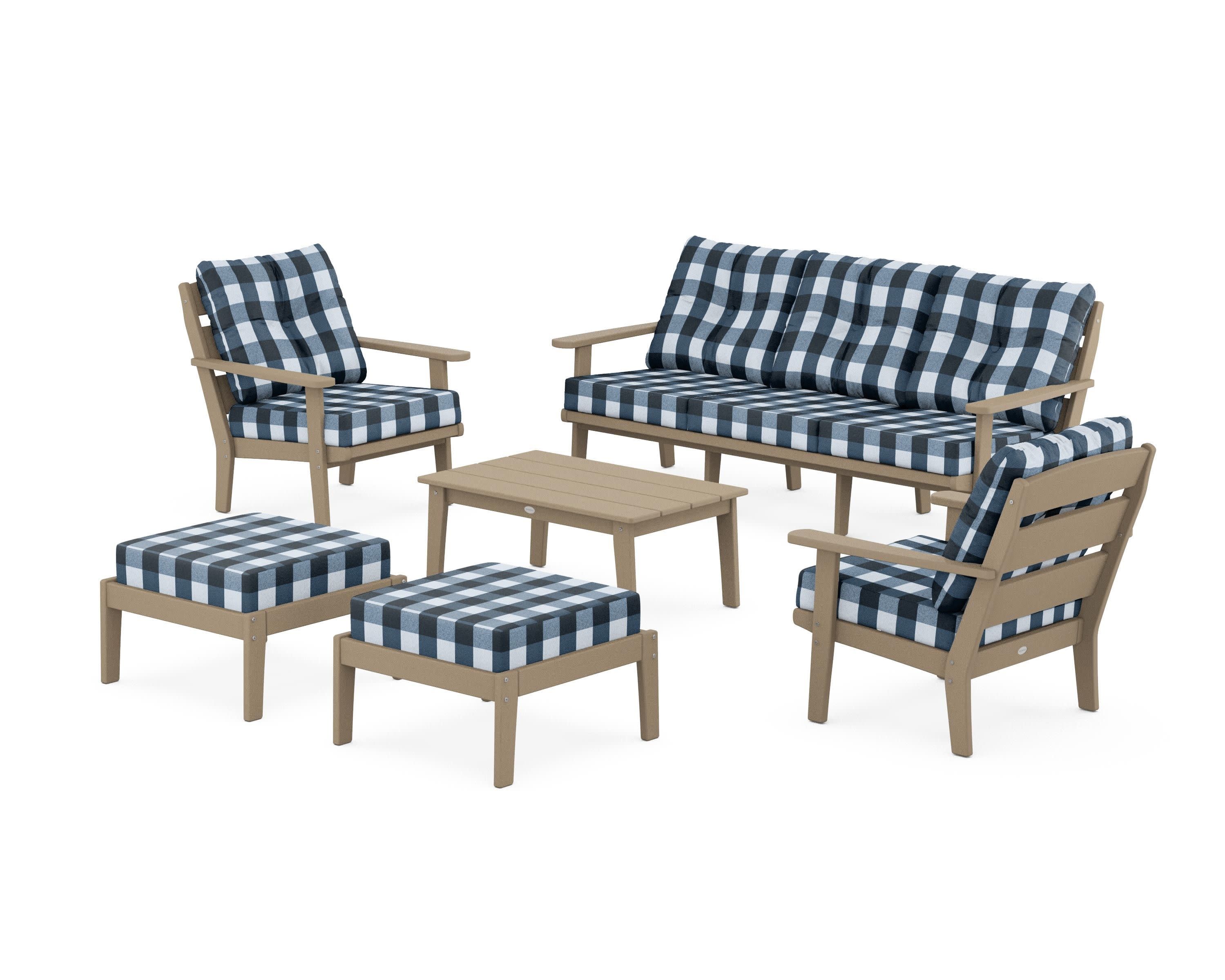 Lakeside 6-Piece Lounge Sofa Set in Vintage Sahara / Buffalo Plaid Marine Indigo