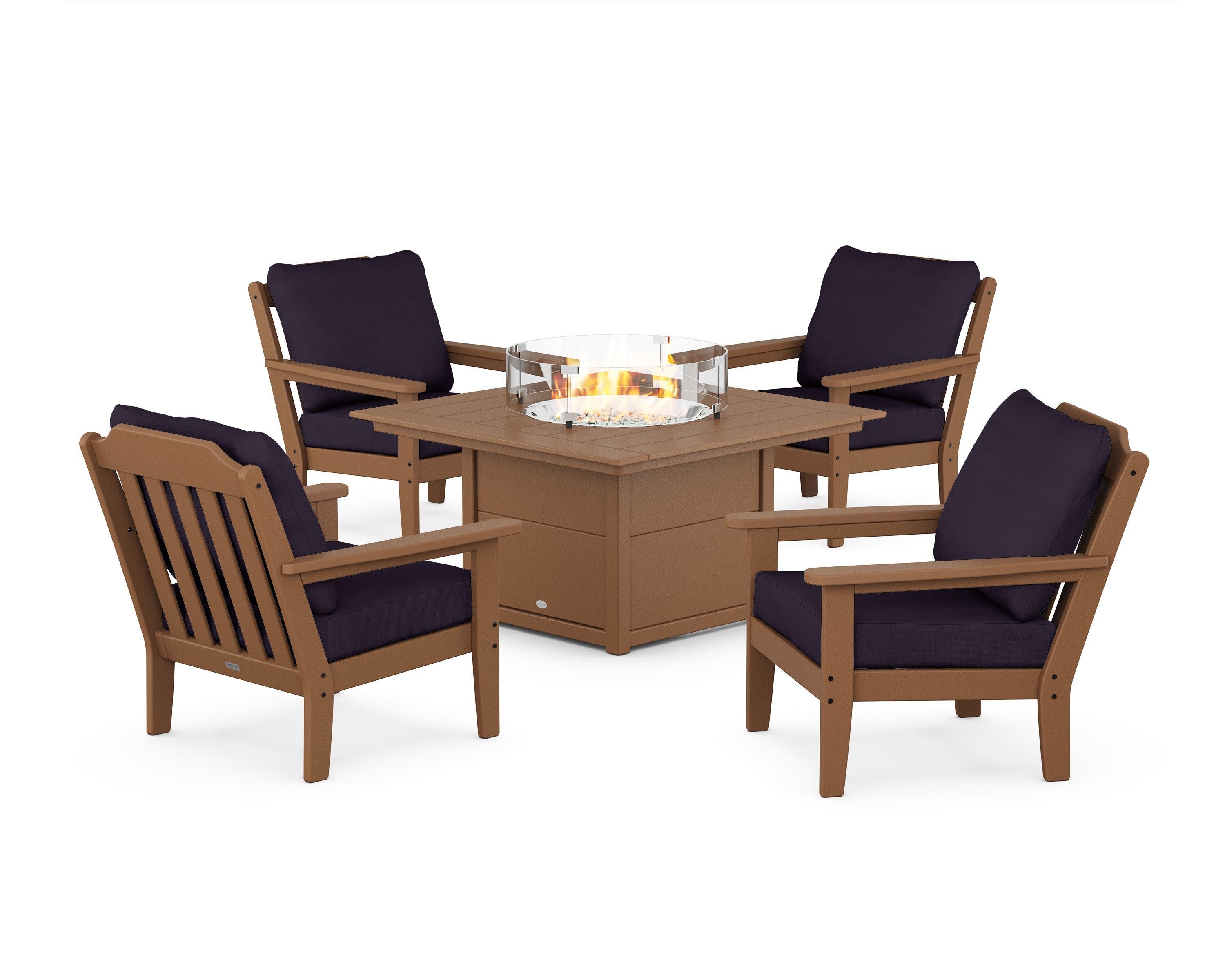 Cottage 5-Piece Deep Seating Set with Fire Pit Table in Teak / Navy Linen