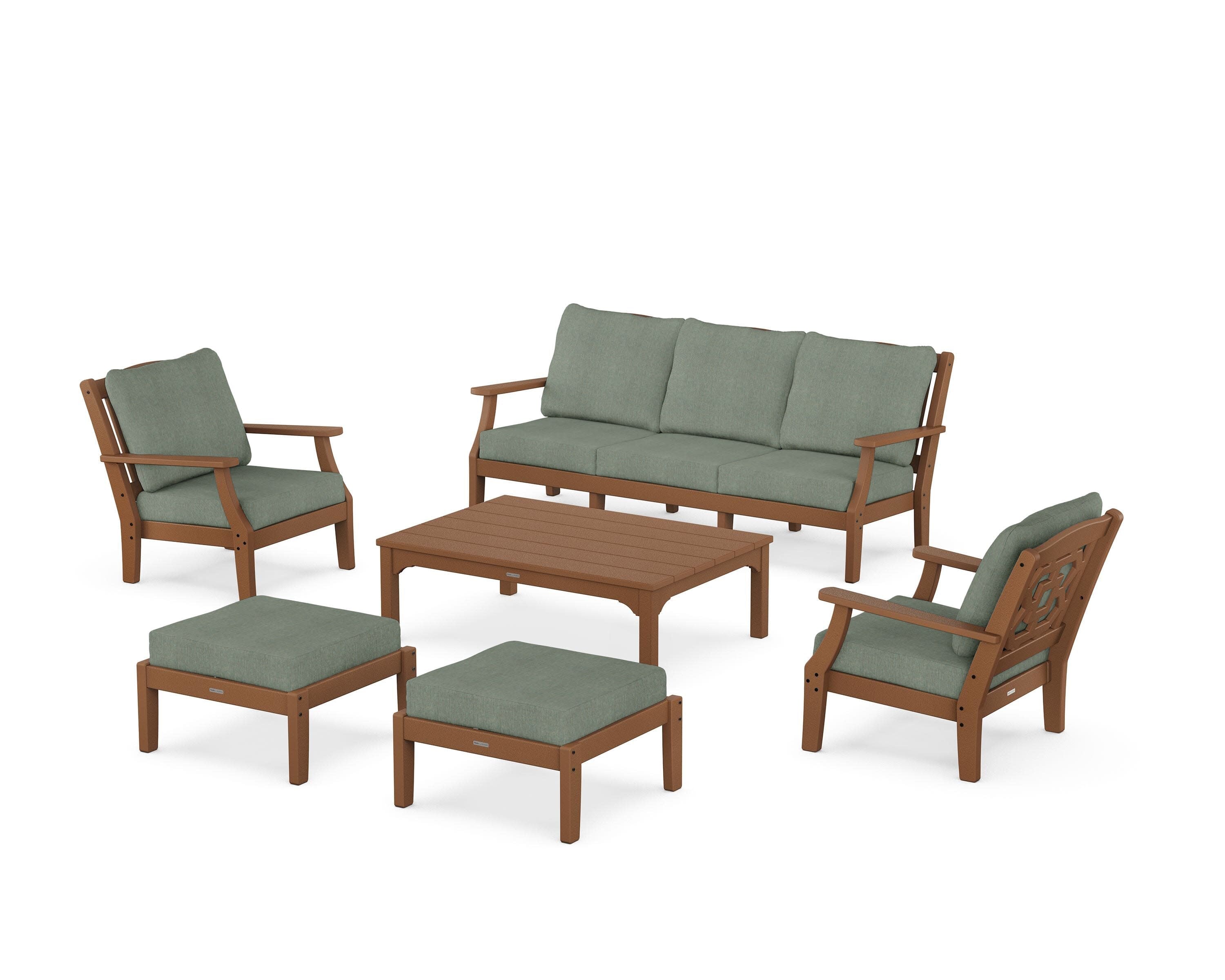 Chinoiserie 6-Piece Lounge Sofa Set in Teak / Cast Sage