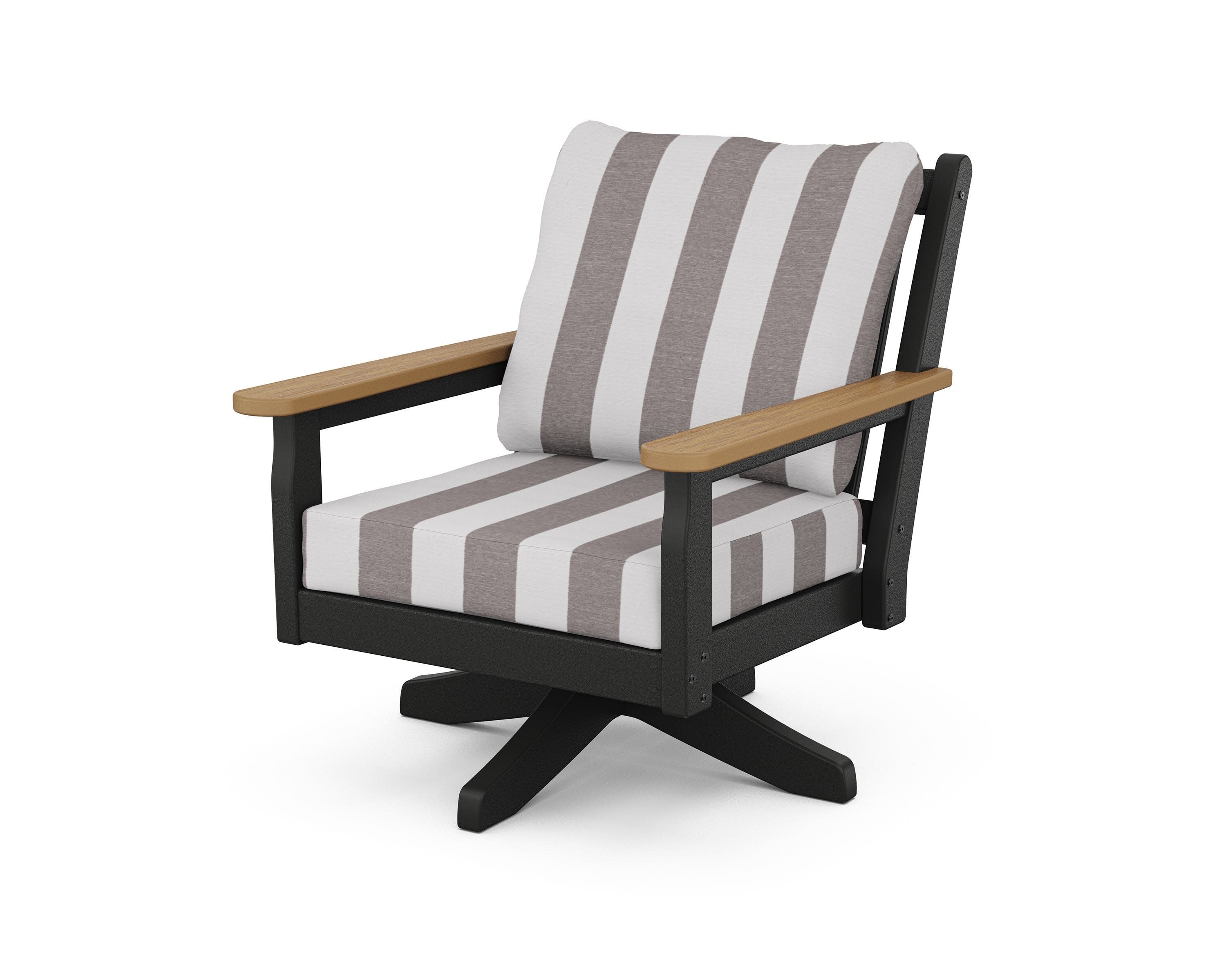 Chippendale Deep Seating Swivel Chair in Black / Natural / Cabana Stripe Grey Mist