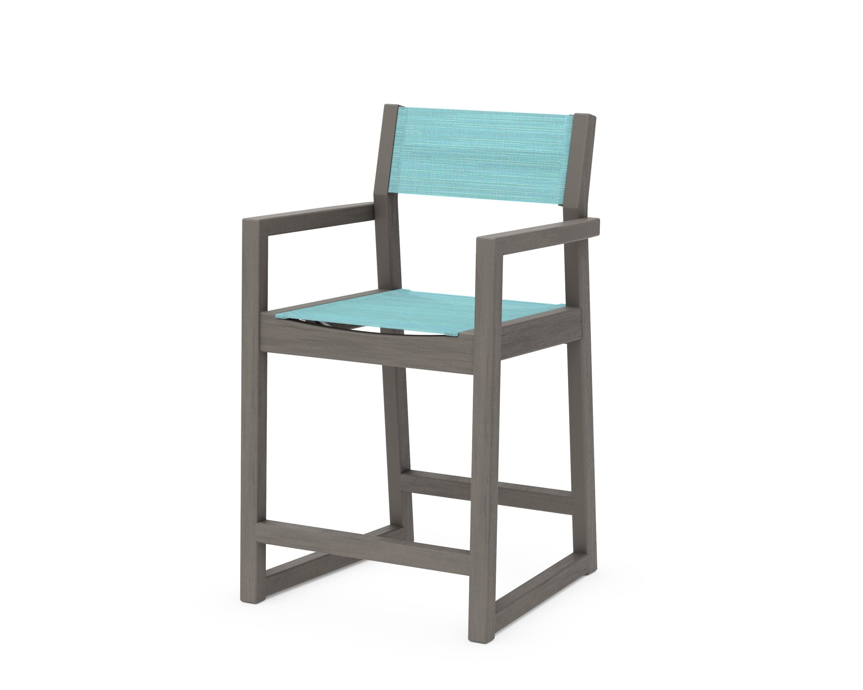EDGE Sling Counter Arm Chair in Driftwood / Dupioni Aquamarine Sling