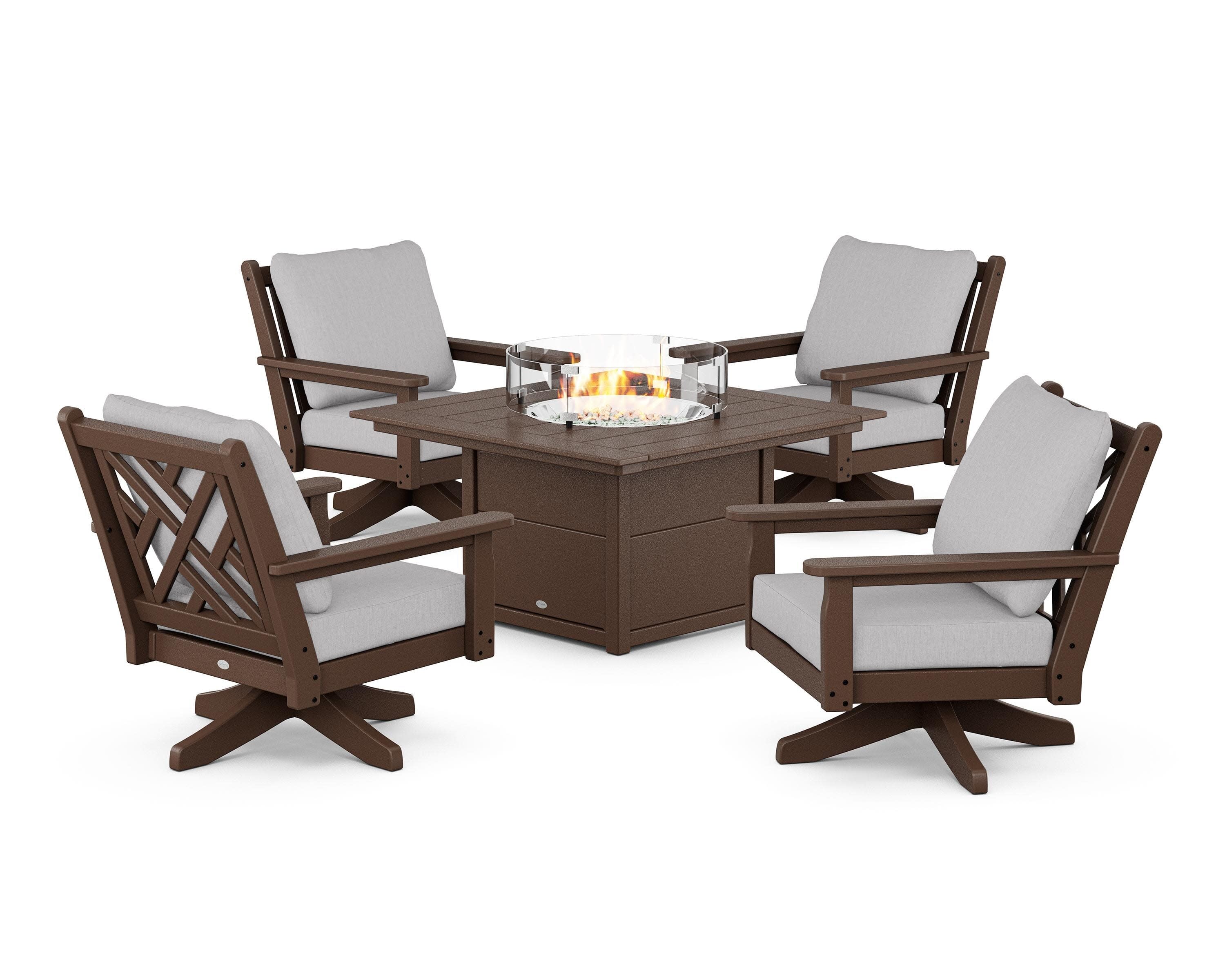 Chippendale 5-Piece Deep Seating Swivel Conversation Set with Fire Pit Table in Mahogany / Granite