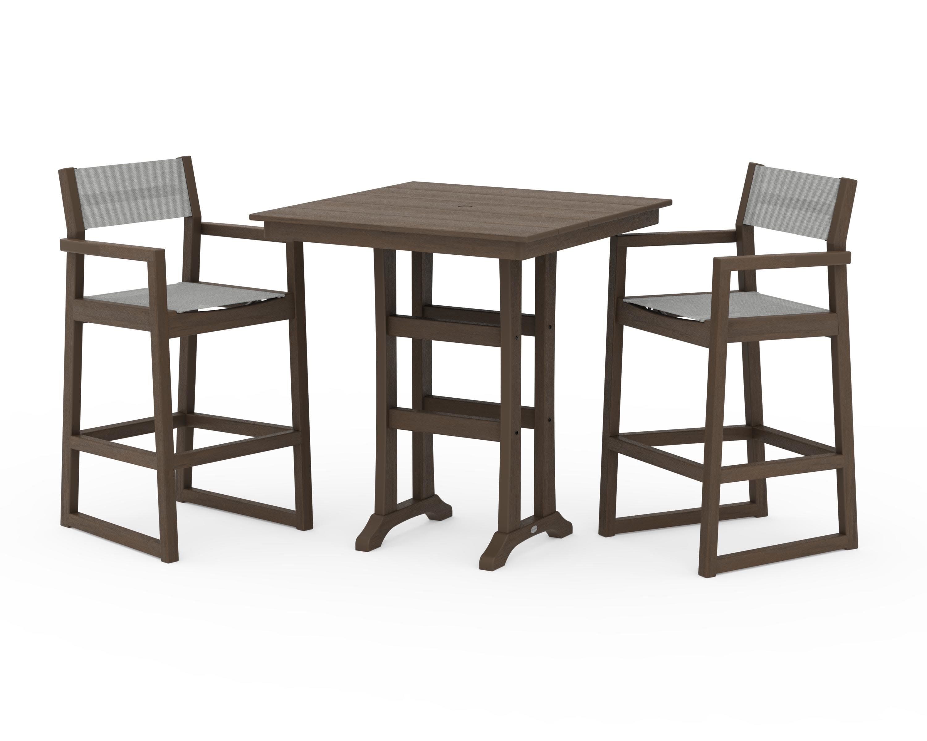 EDGE Sling Arm Chair 3-Piece Farmhouse Bar Set with Trestle Legs in Kona / Metallic Sling