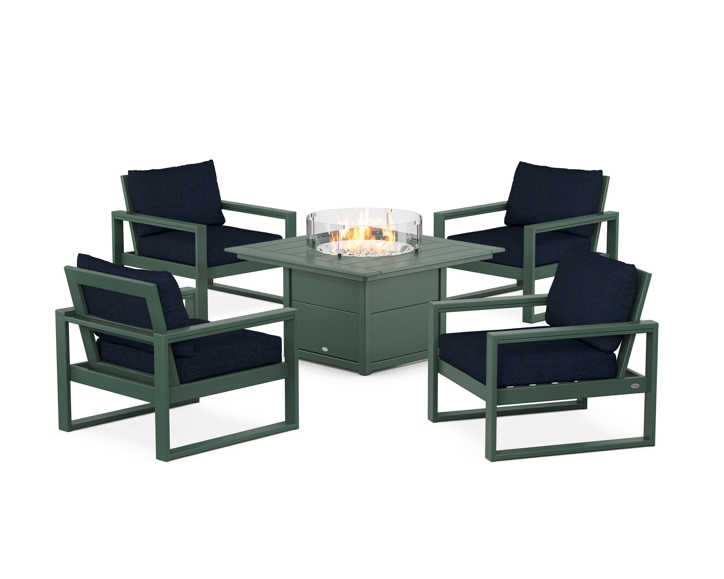 EDGE Sectional 5-Piece Deep Seating Set with Fire Pit Table in Green / Marine Indigo
