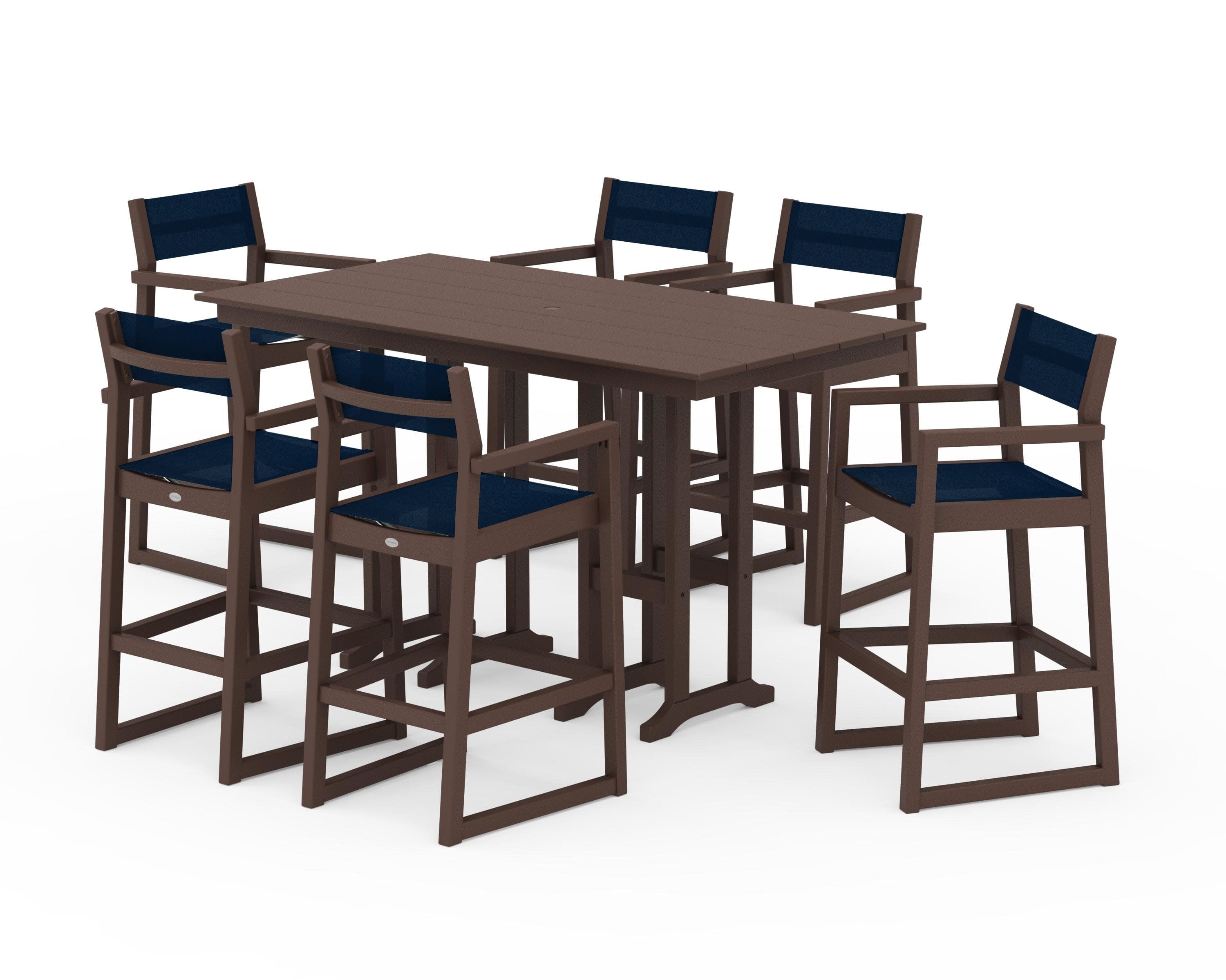 EDGE Sling Arm Chair 7-Piece Farmhouse Bar Set in Mahogany / Navy Blue Sling