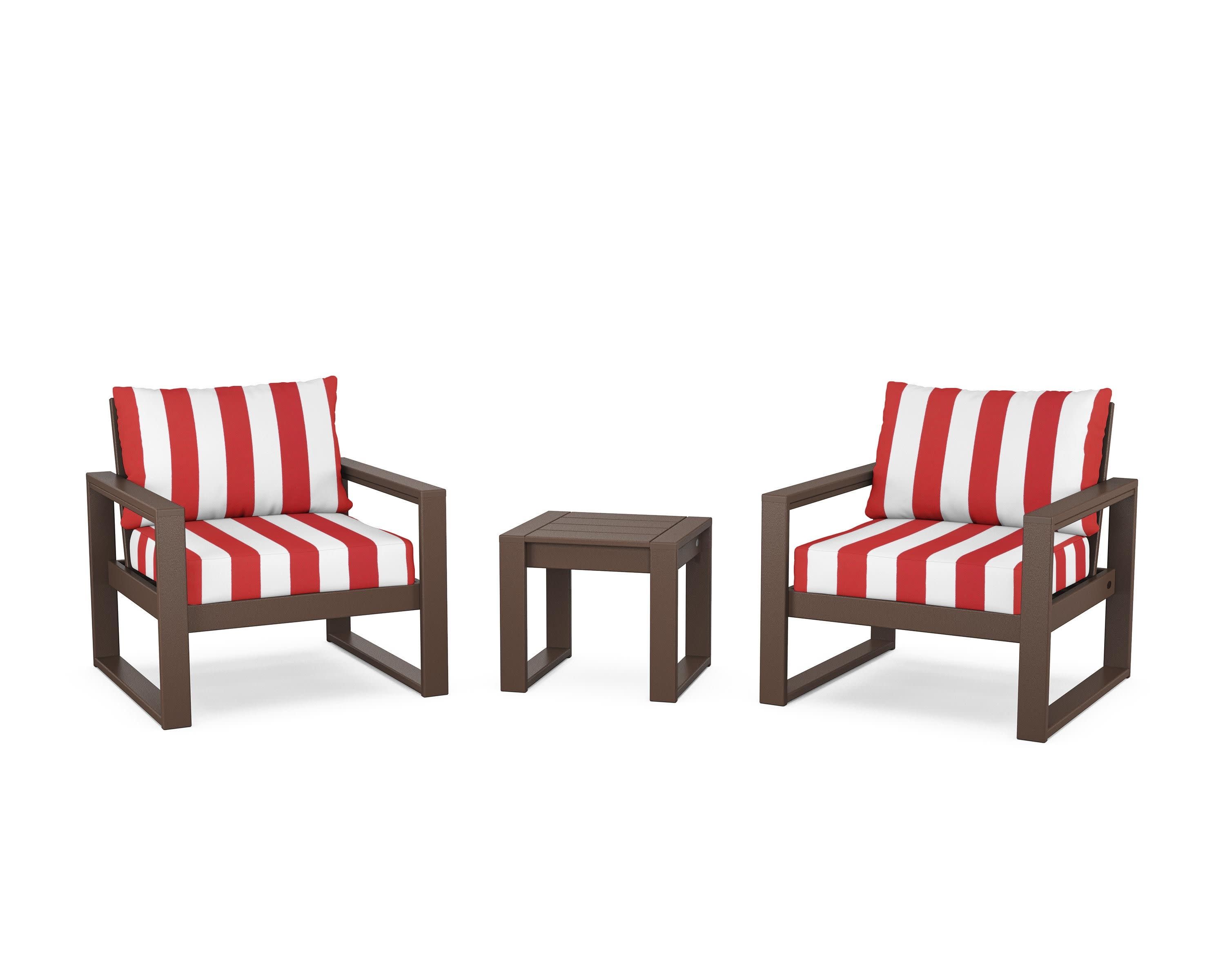 EDGE Sectional 3-Piece Deep Seating Set in Mahogany / Cabana Stripe Crimson