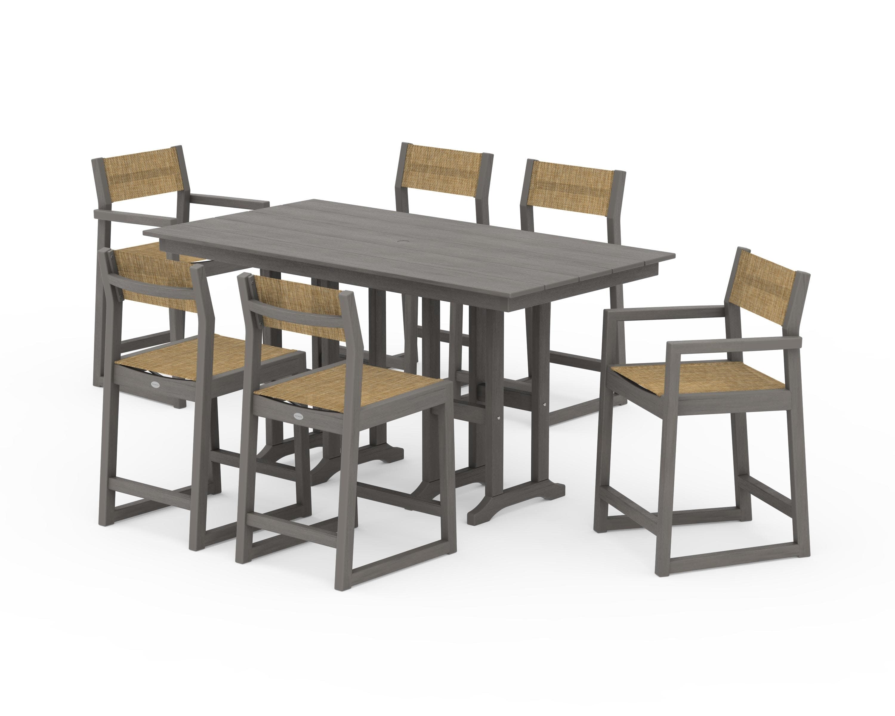 EDGE Sling 7-Piece Farmhouse Counter Set with Trestle Legs in Driftwood / Burlap Sling