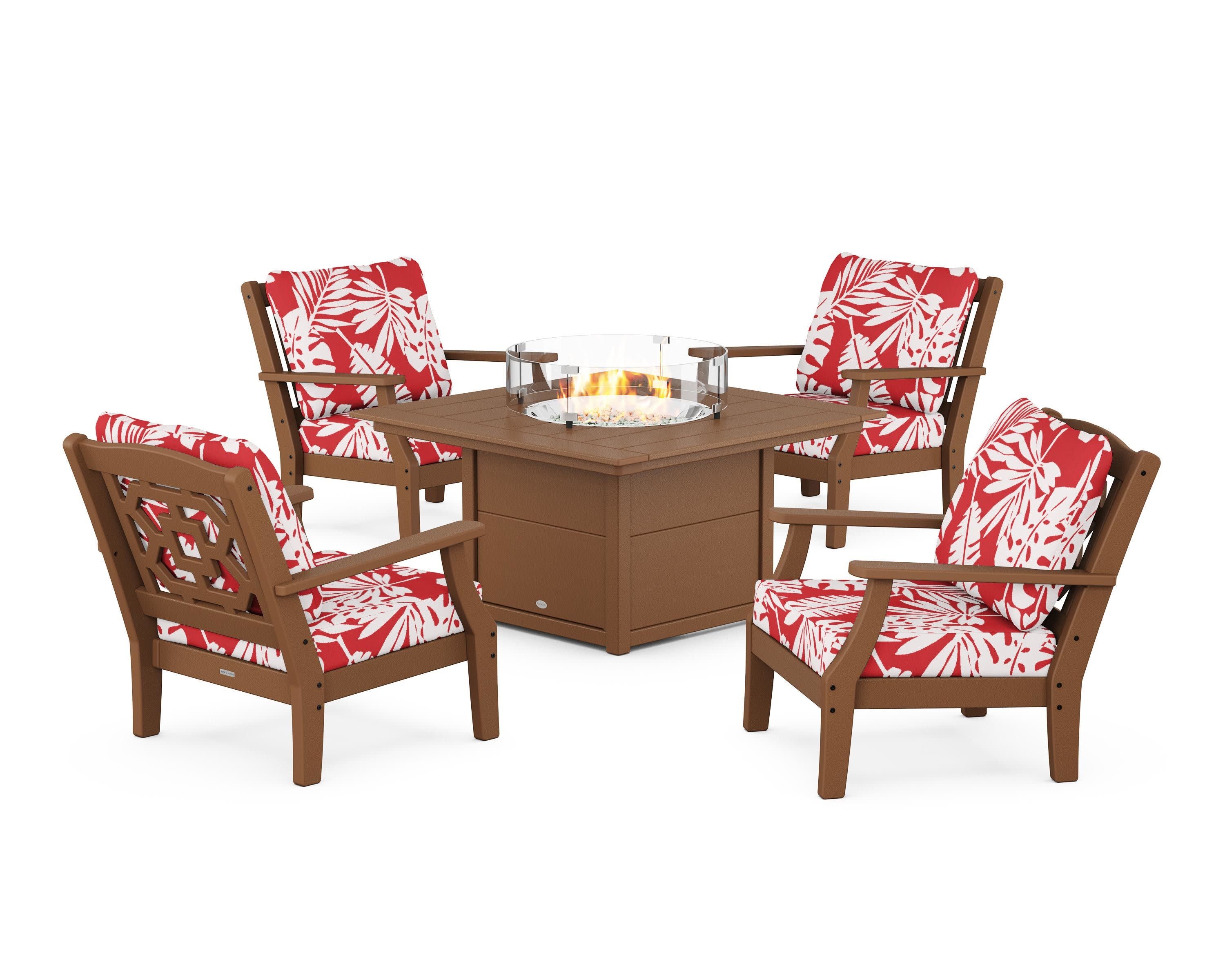 Chinoiserie 5-Piece Deep Seating Set with Fire Pit Table in Teak / Leaf Crimson