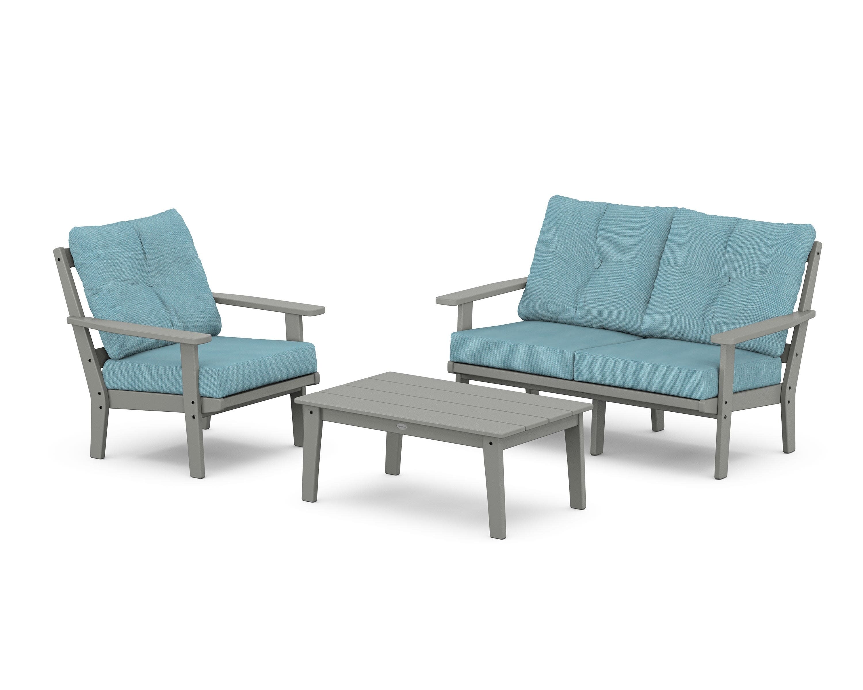 Oxford 3-Piece Deep Seating Set with Loveseat in Slate Grey / Lattice Sky Blue
