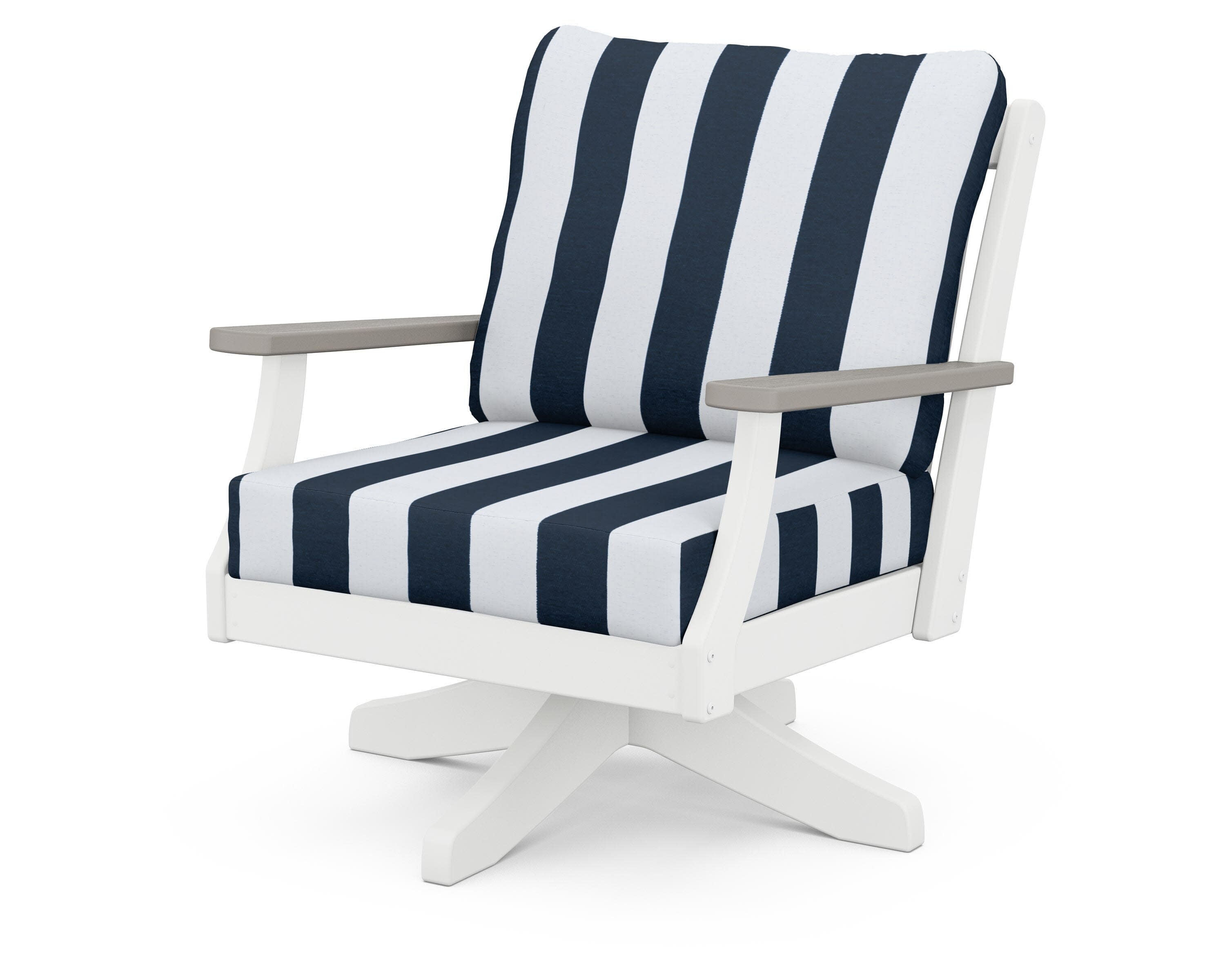 Braxton Deep Seating Swivel Chair in White / Driftwood / Cabana Stripe Marine Indigo