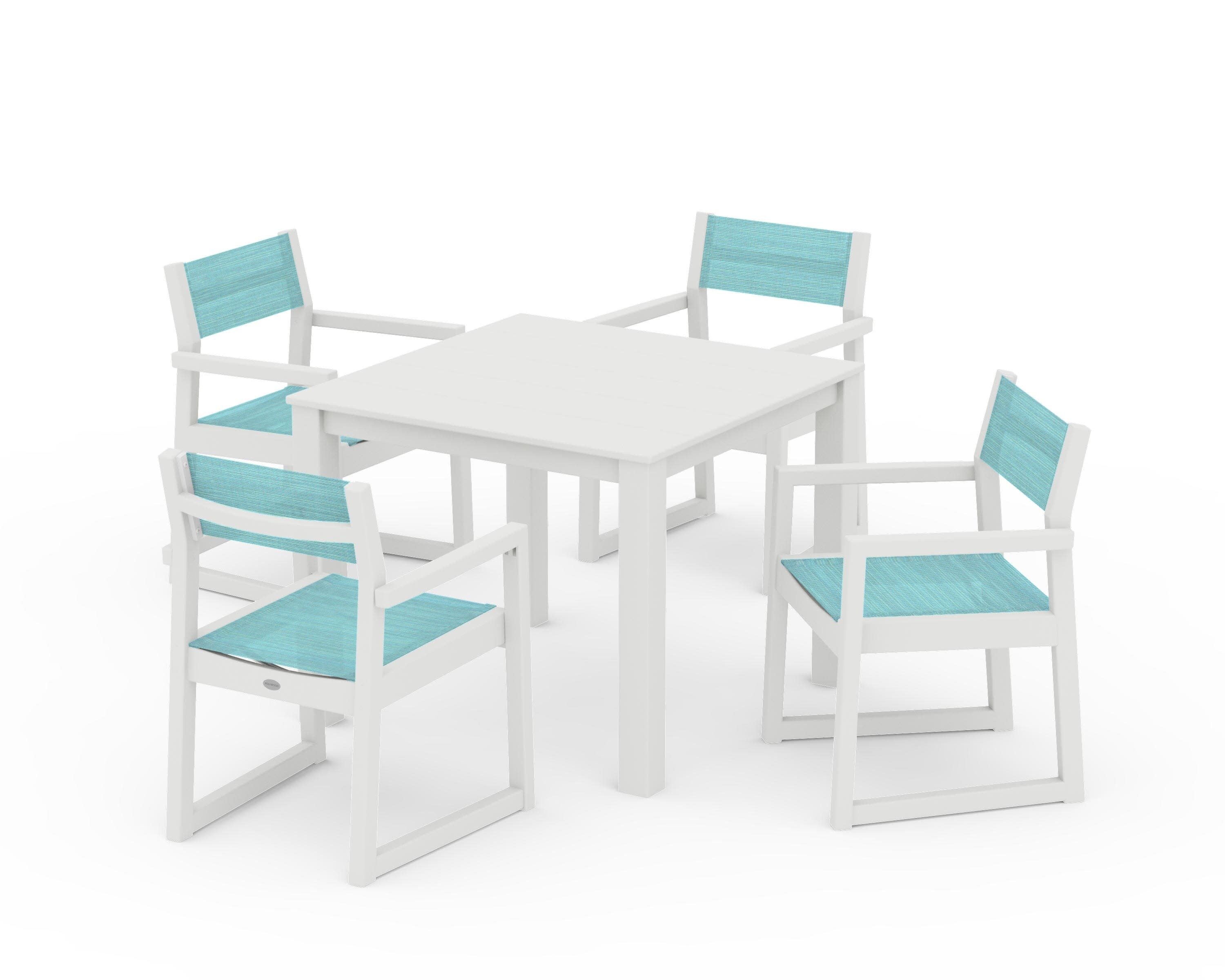 EDGE Sling Arm Chair 5-Piece Parsons Dining Set in Vintage White / Dupioni Aquamarine Sling