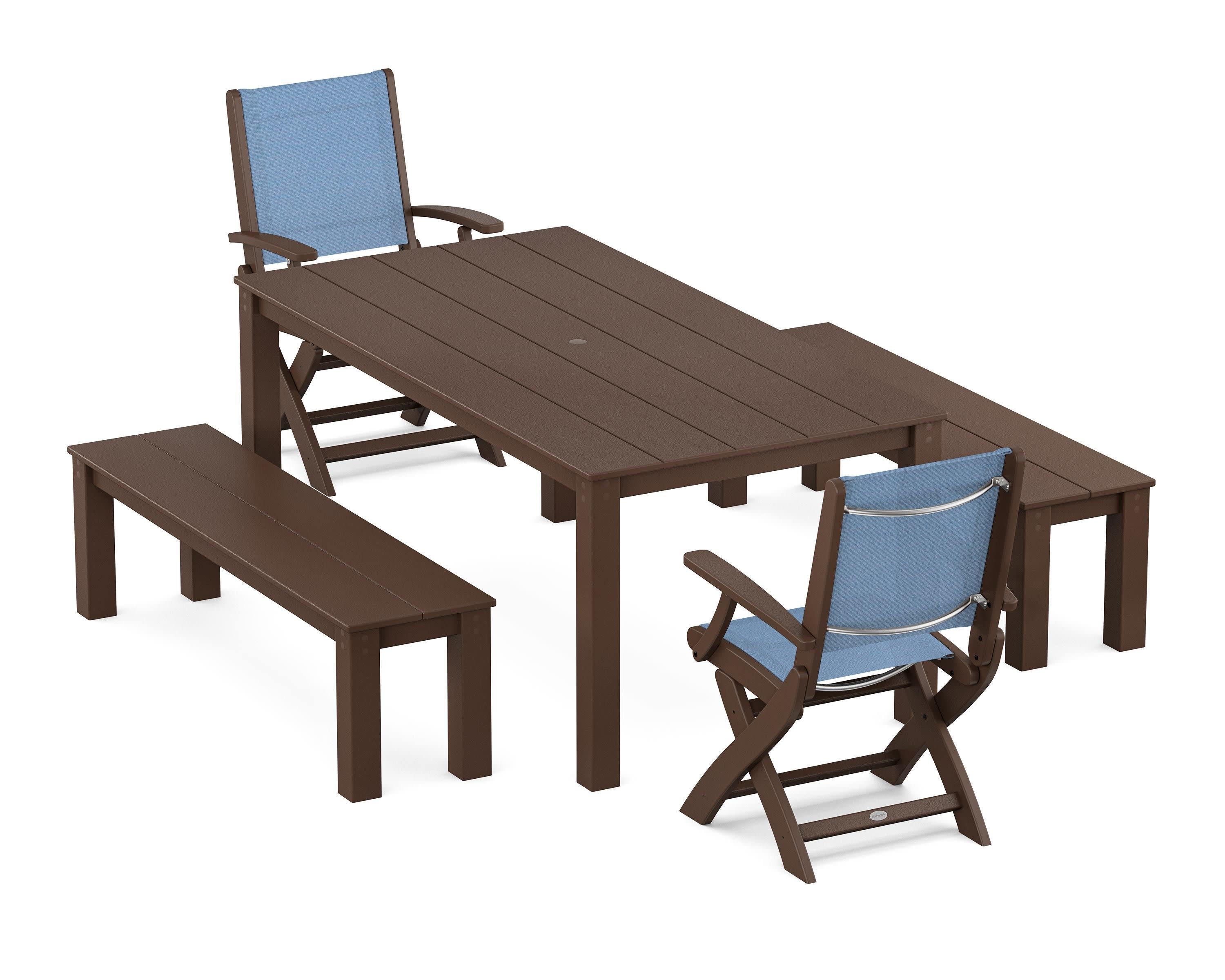 Coastal Folding Chair 5-Piece Parsons Dining Set with Benches in Mahogany / Poolside Sling