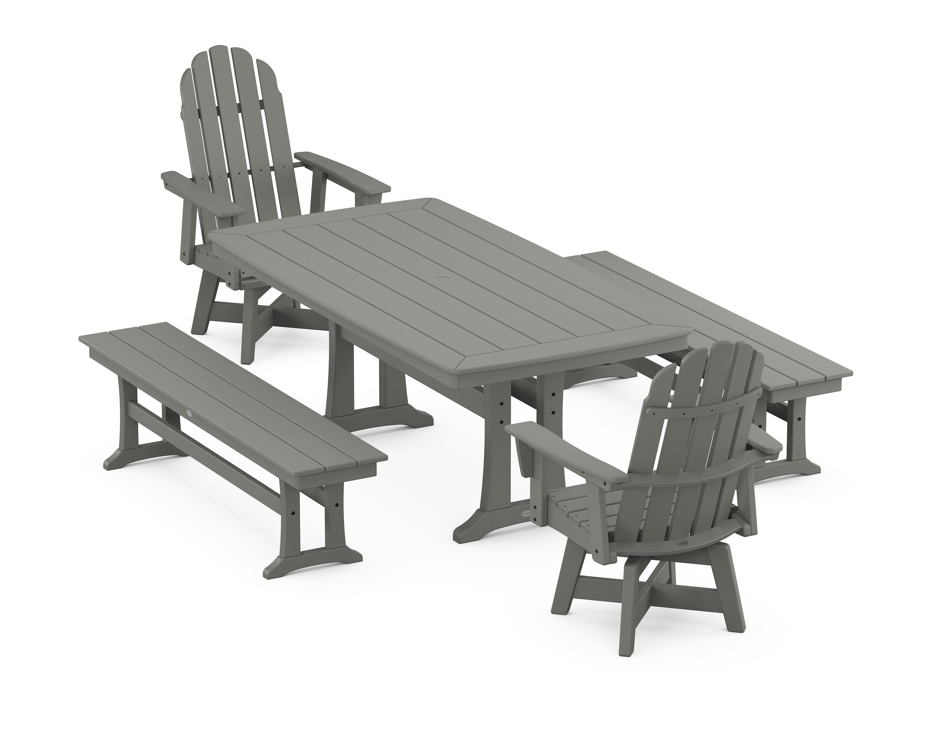 Vineyard Adirondack Swivel Chair 5-Piece Dining Set with Trestle Legs and Benches in Slate Grey