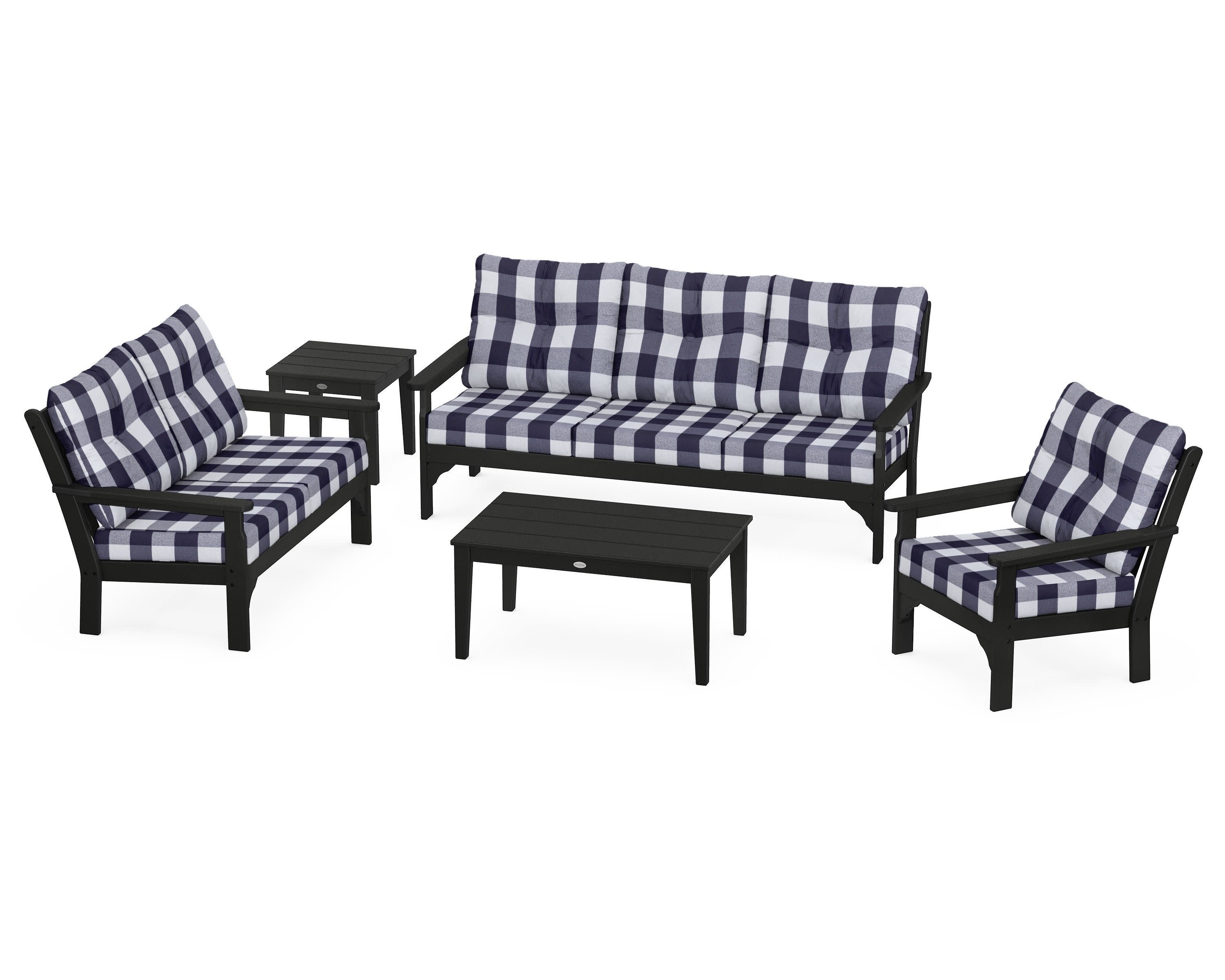 Vineyard 5 Piece Deep Seating Set in Black / Buffalo Plaid Navy