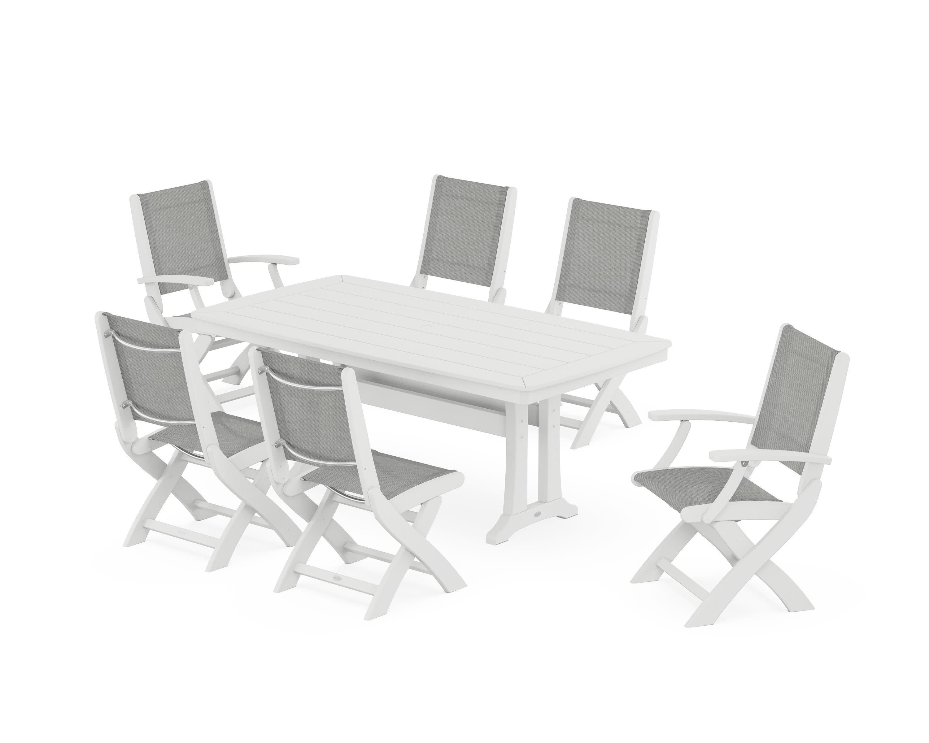 Coastal Folding Chair 7-Piece Dining Set with Trestle Legs in White / Metallic Sling