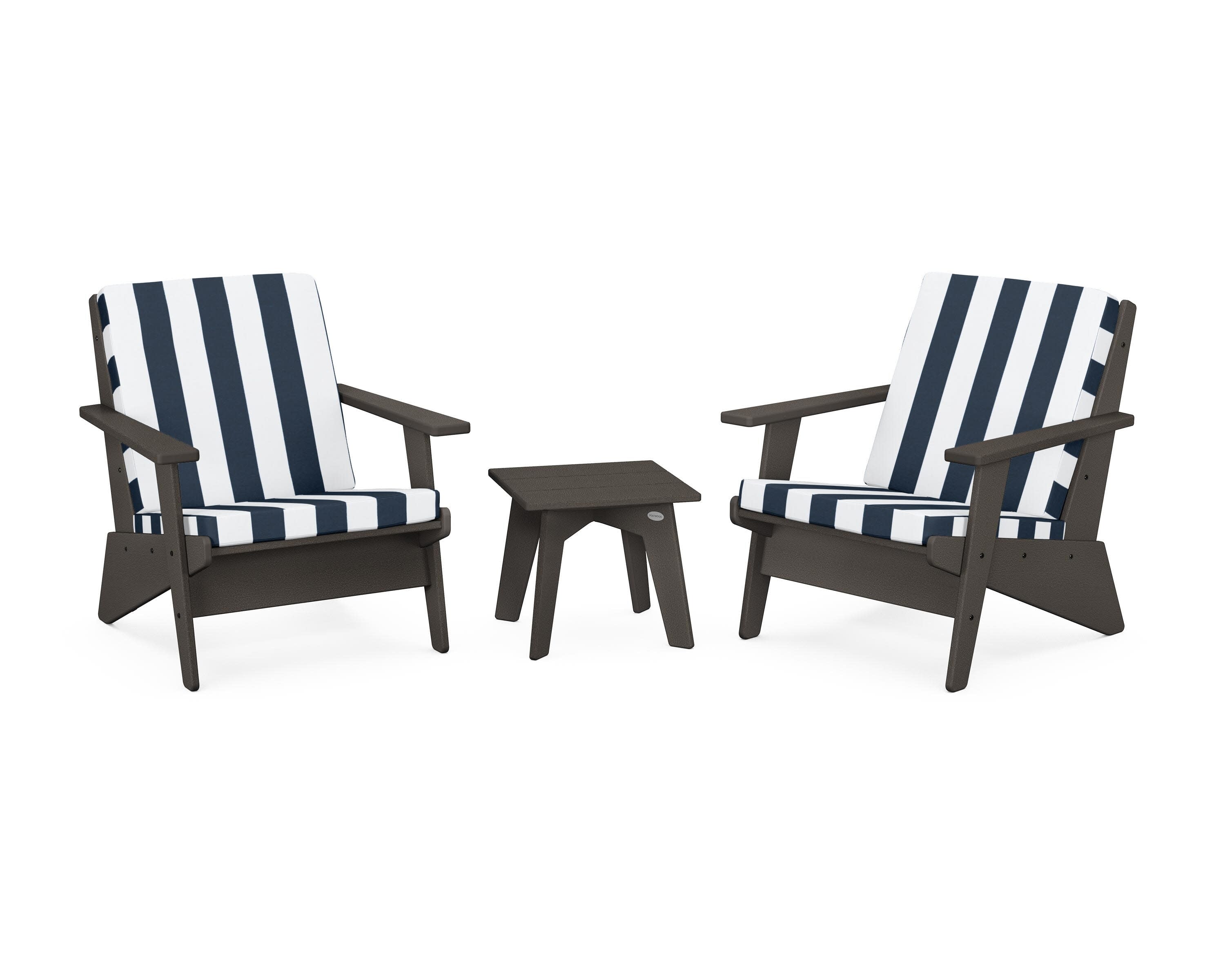 Riviera Modern Lounge 3-Piece Set in Vintage Coffee / Cabana Stripe Marine Indigo